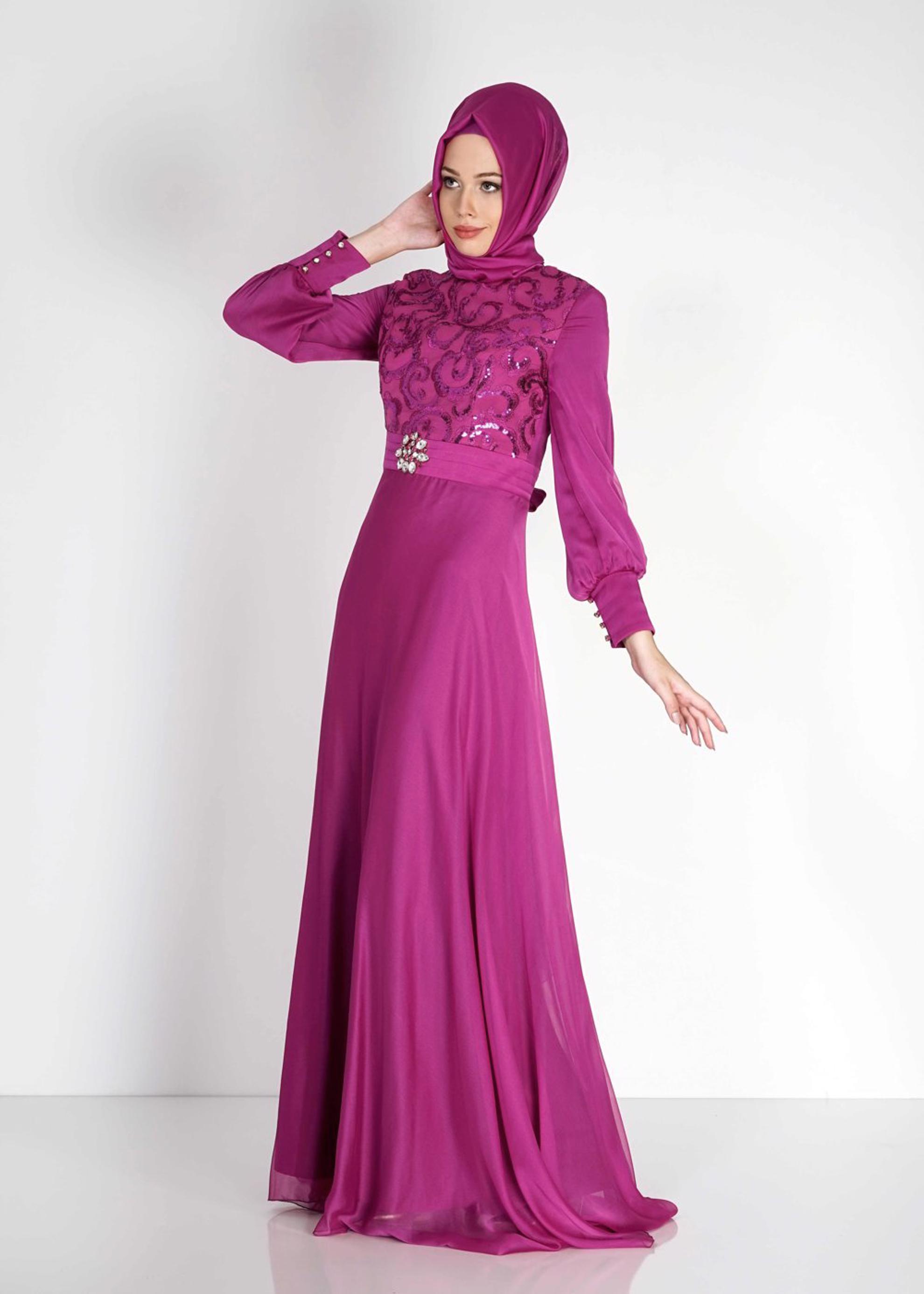 Tesettür giyim FUŞYA PUL PAYETLİ DÜĞME DETAYLI ŞİFON ABİYE ELBİSE 5086