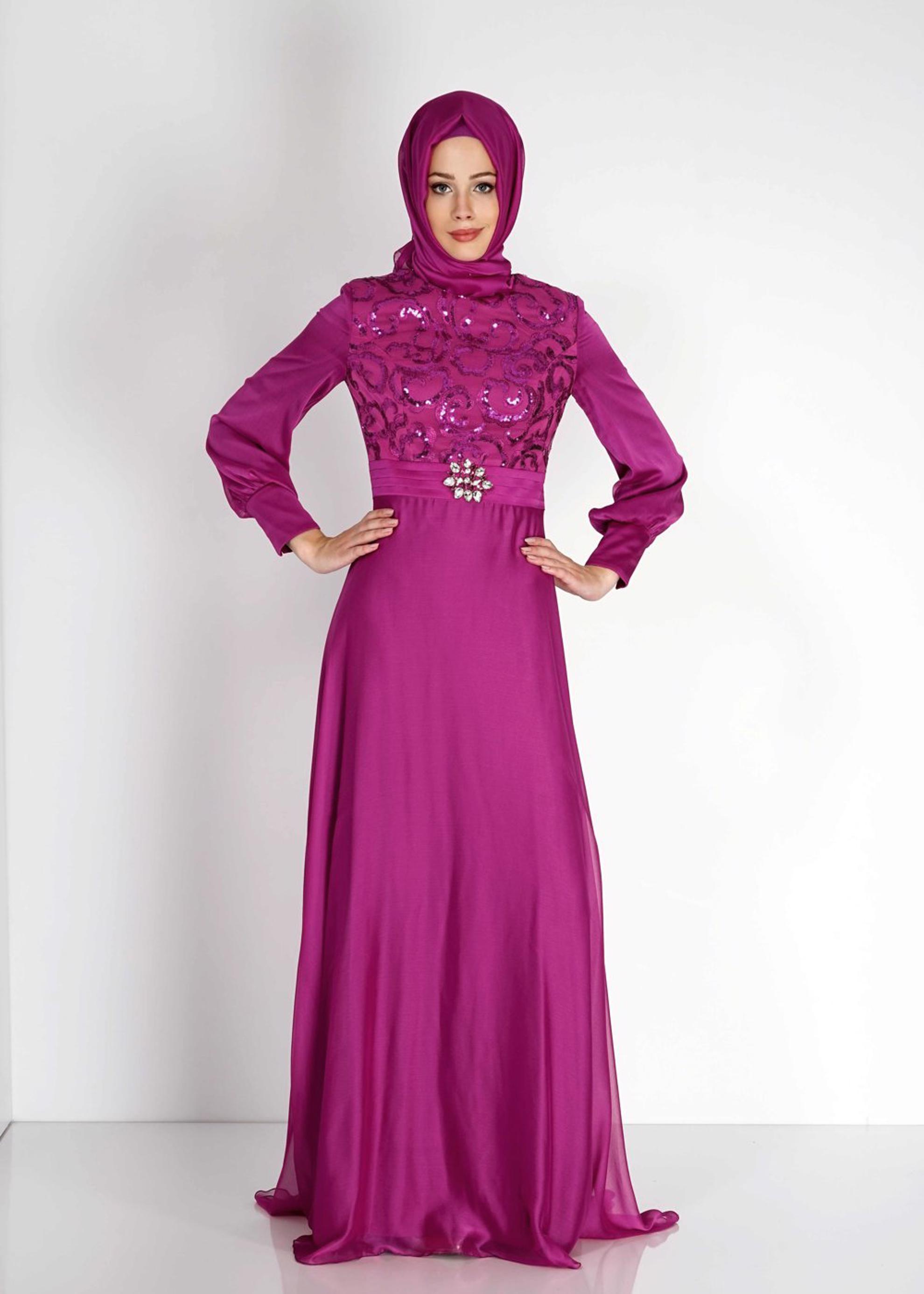 Tesettür giyim FUŞYA PUL PAYETLİ DÜĞME DETAYLI ŞİFON ABİYE ELBİSE 5086