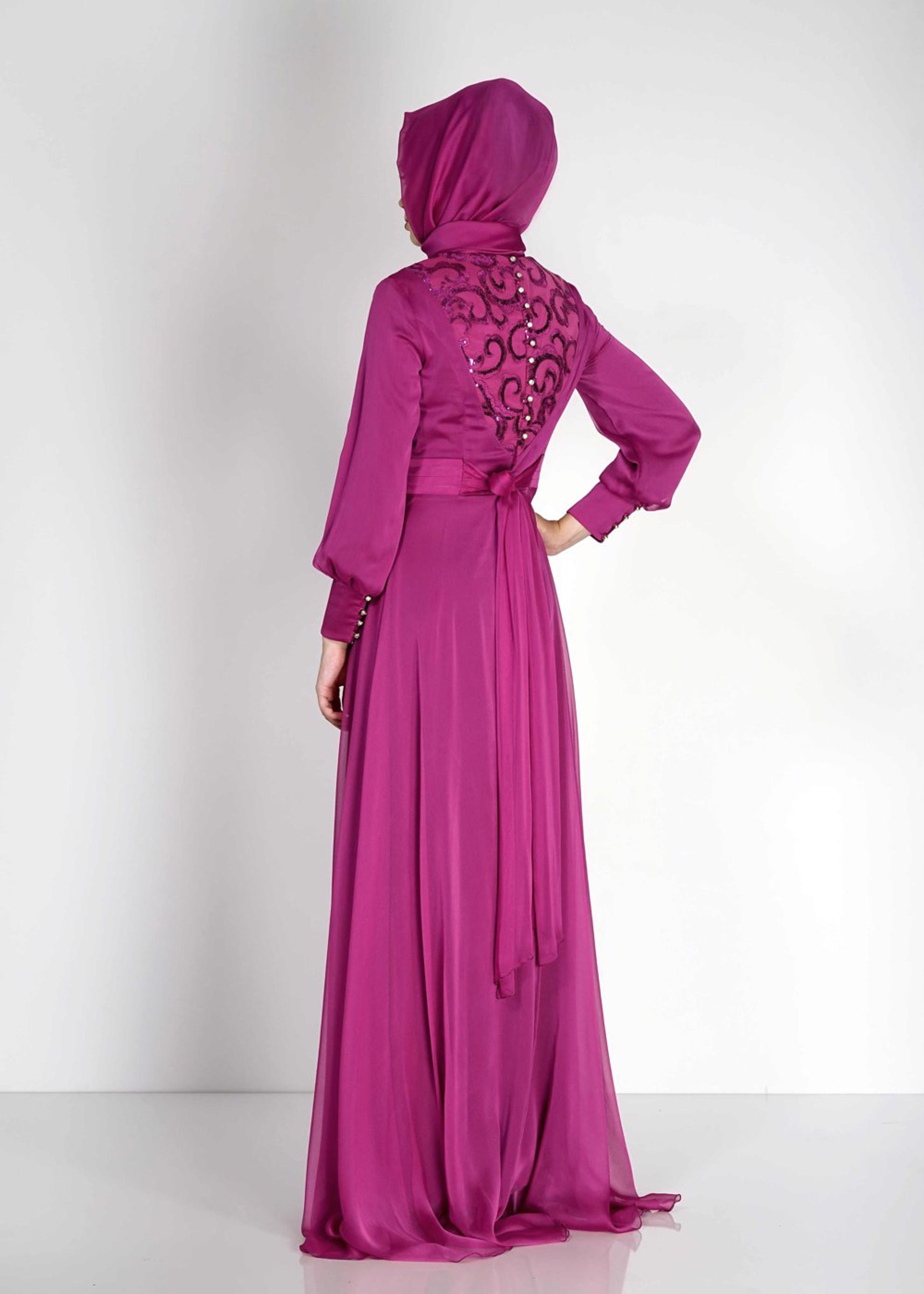 Tesettür giyim FUŞYA PUL PAYETLİ DÜĞME DETAYLI ŞİFON ABİYE ELBİSE 5086