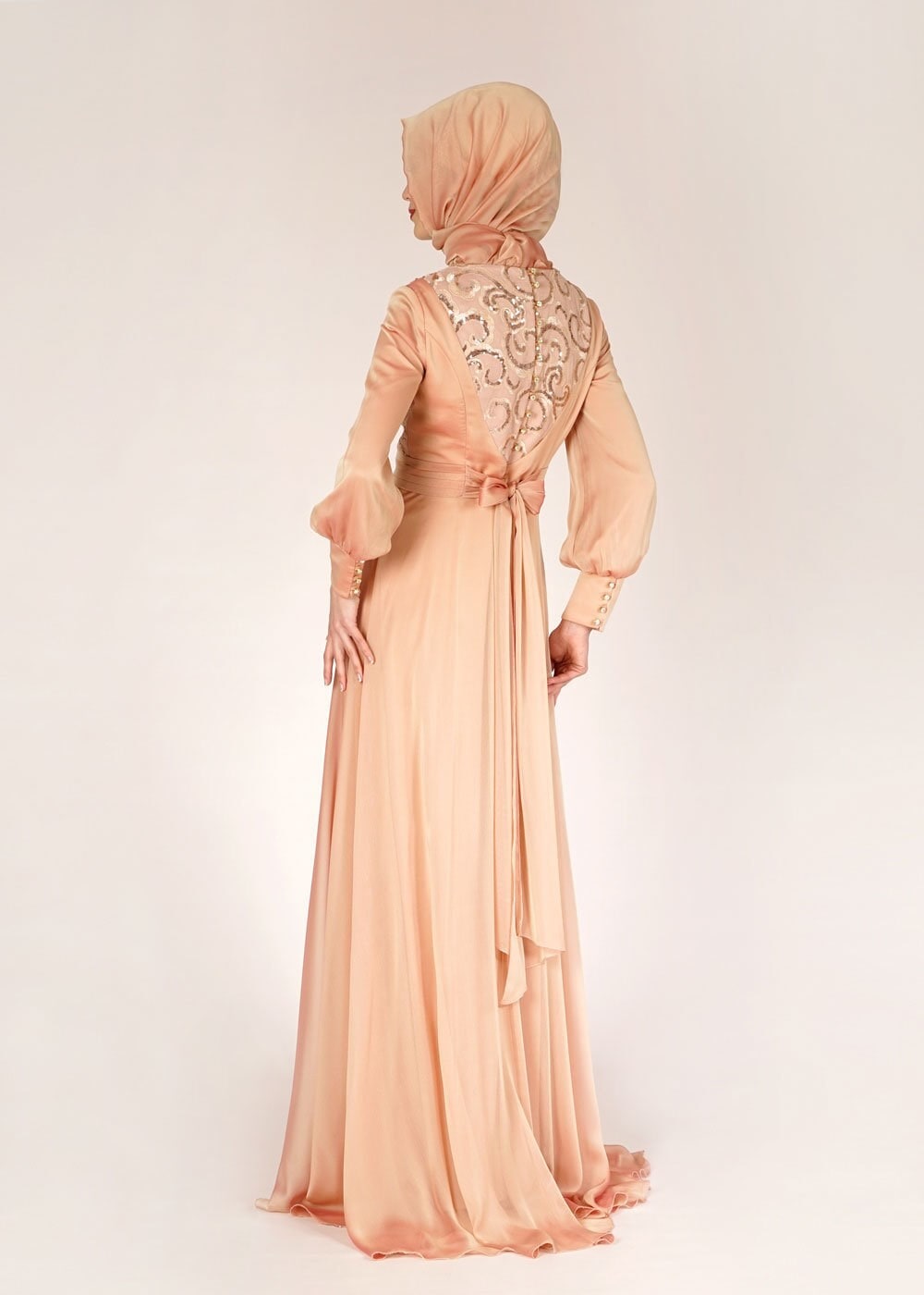 Tesettür giyim PUDRA PUL PAYETLİ DÜĞME DETAYLI ŞİFON ABİYE ELBİSE 5086