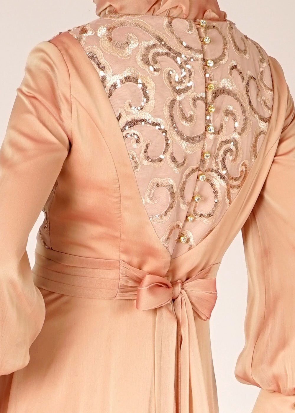 Tesettür giyim PUDRA PUL PAYETLİ DÜĞME DETAYLI ŞİFON ABİYE ELBİSE 5086