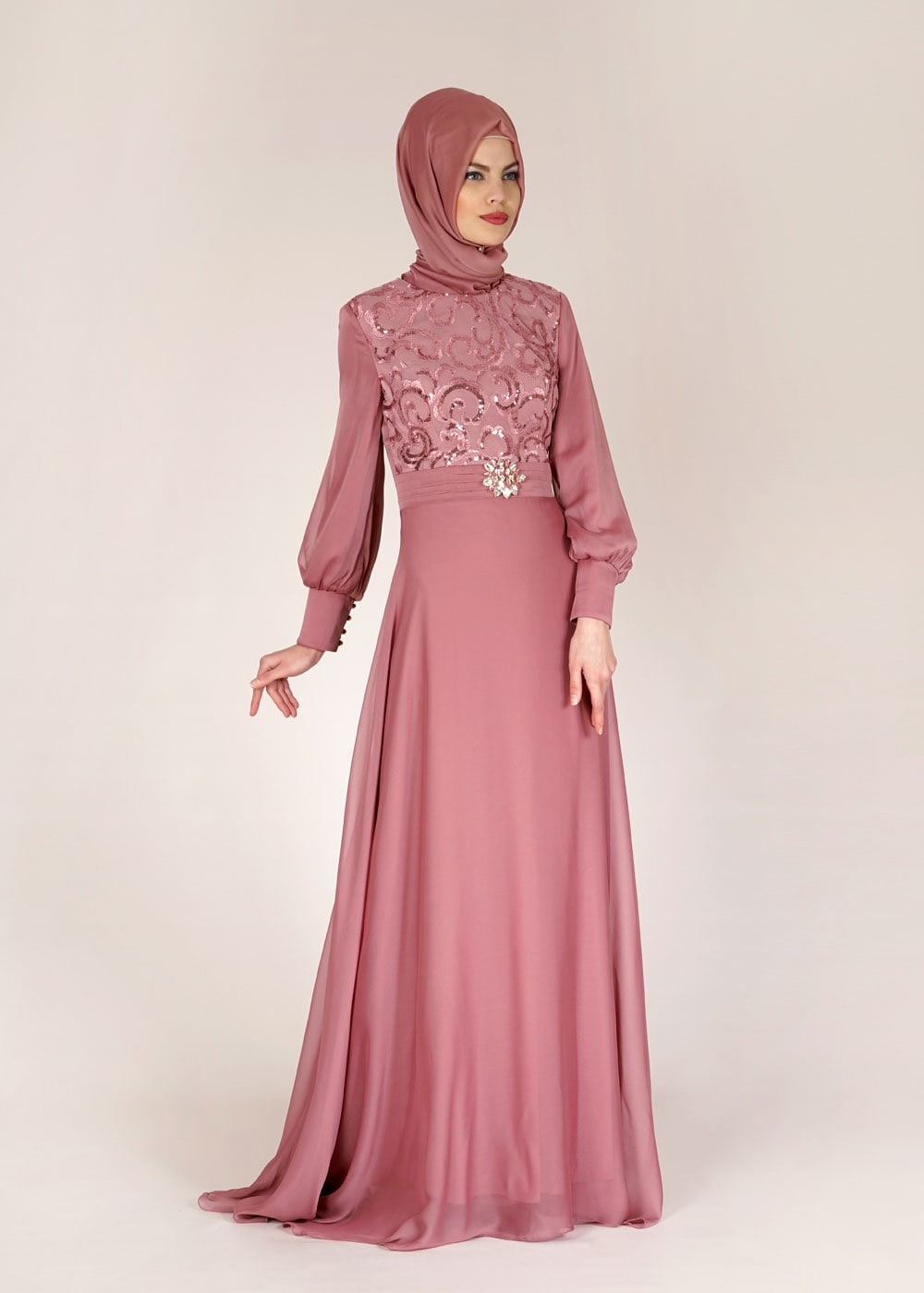 Tesettür giyim PEMBE PUL PAYETLİ DÜĞME DETAYLI ŞİFON ABİYE ELBİSE 5086