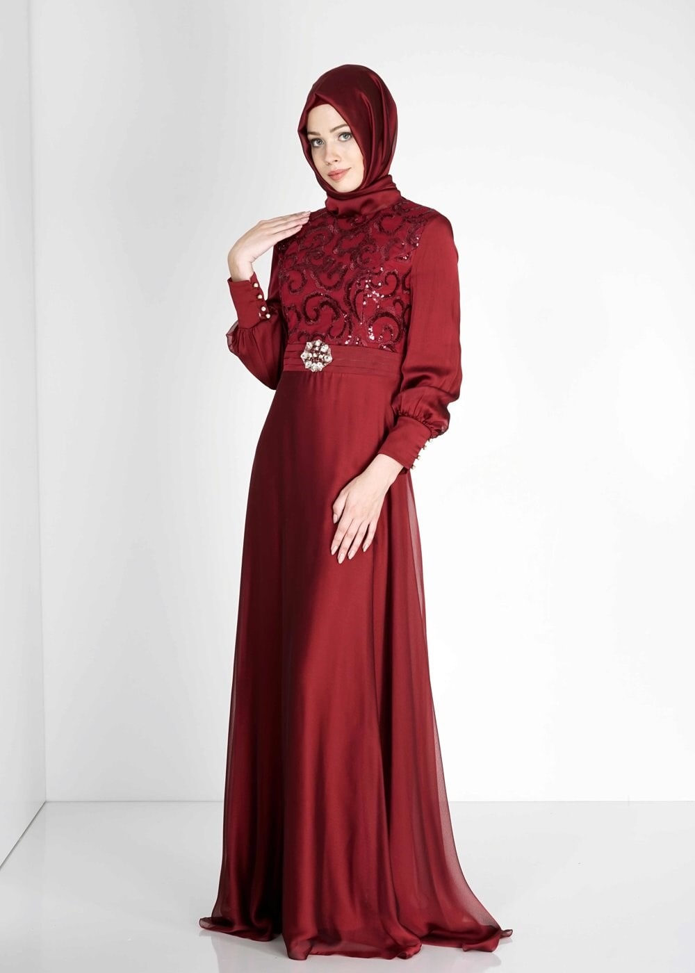 Tesettür giyim BORDO PUL PAYETLİ DÜĞME DETAYLI ŞİFON ABİYE ELBİSE 5086