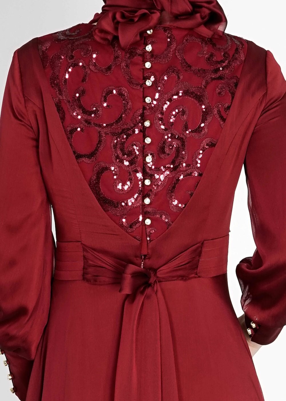 Tesettür giyim BORDO PUL PAYETLİ DÜĞME DETAYLI ŞİFON ABİYE ELBİSE 5086