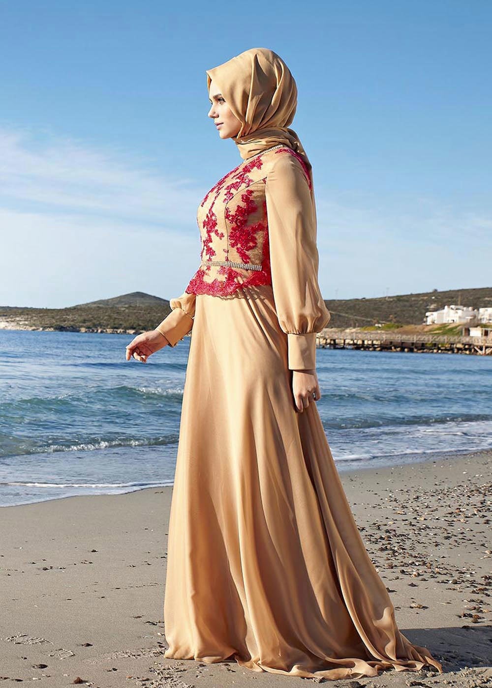 Tesettür giyim KIRMIZI İŞLEMELİ TAŞ DETAYLI ABİYE ELBİSE 5089