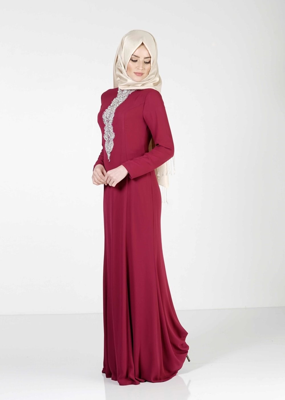 Tesettür giyim MOR TAŞ İŞLEMELİ ABİYE ELBİSE 5093