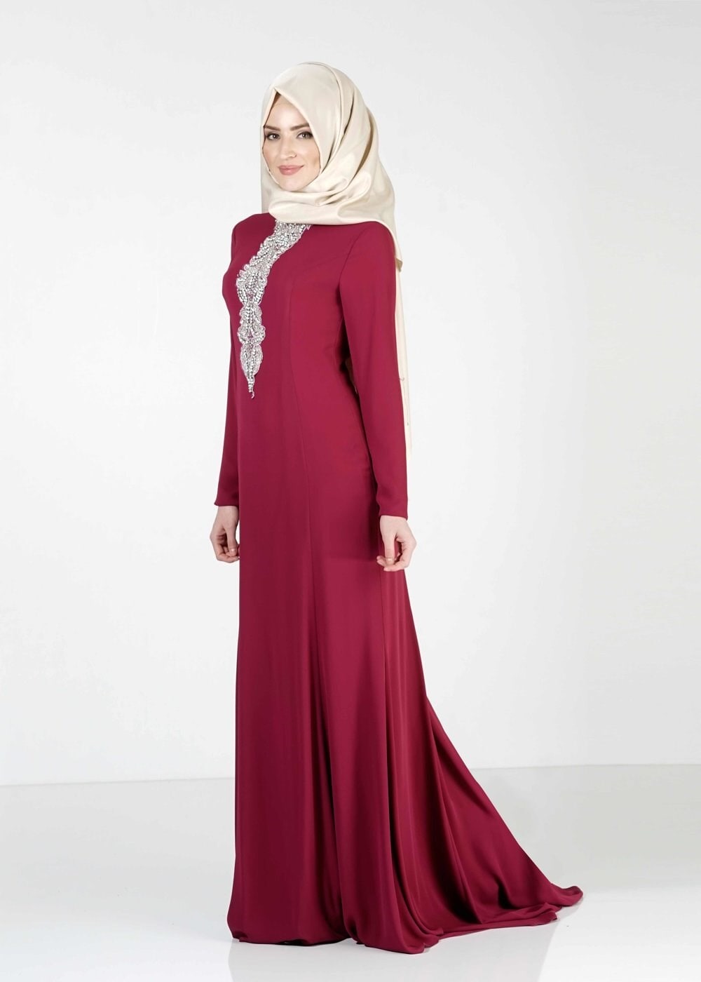 Tesettür giyim MOR TAŞ İŞLEMELİ ABİYE ELBİSE 5093