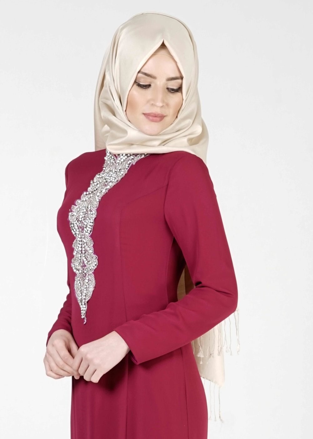 Tesettür giyim MOR TAŞ İŞLEMELİ ABİYE ELBİSE 5093