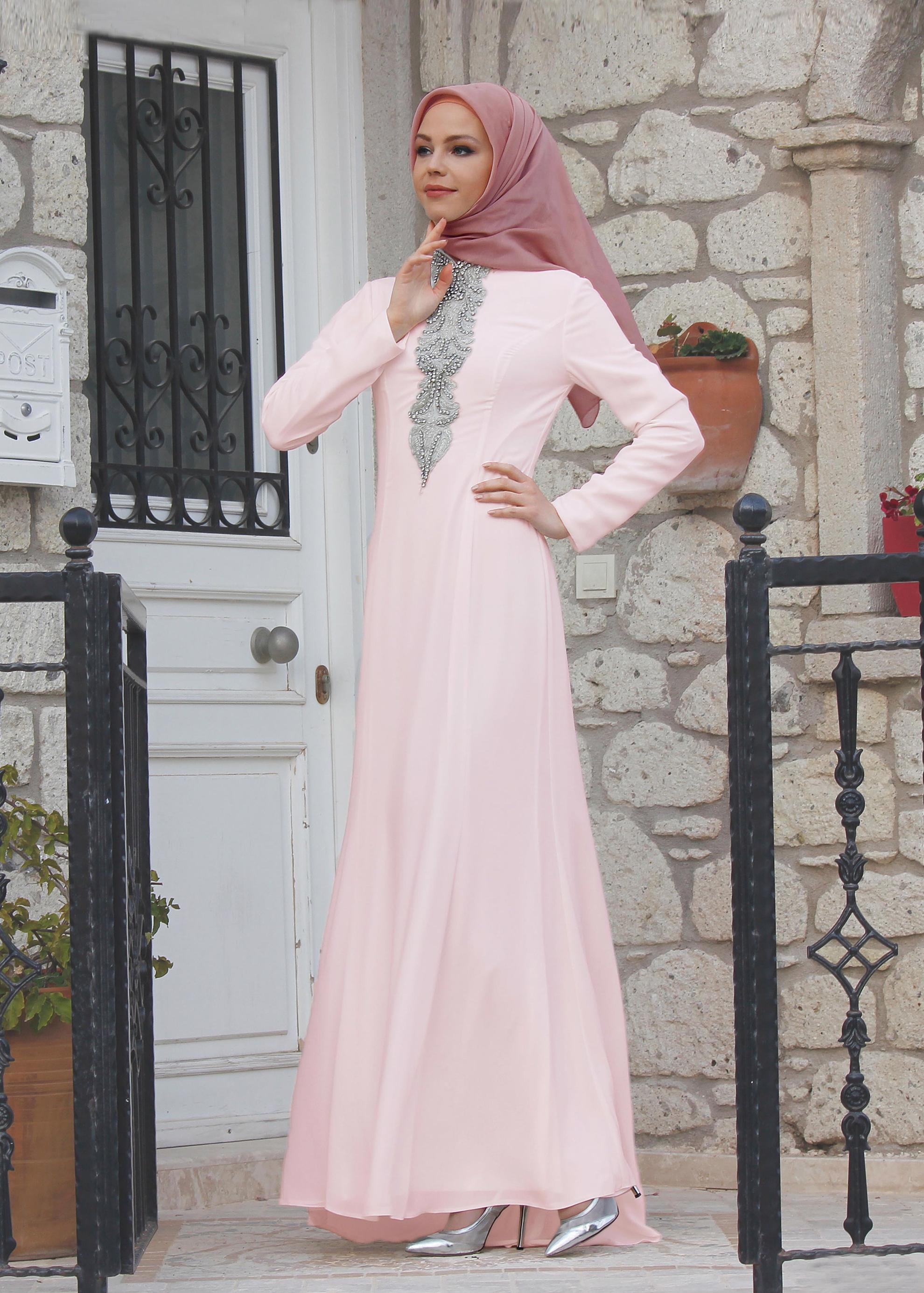 Tesettür giyim PUDRA TAŞ İŞLEMELİ ABİYE ELBİSE 5093