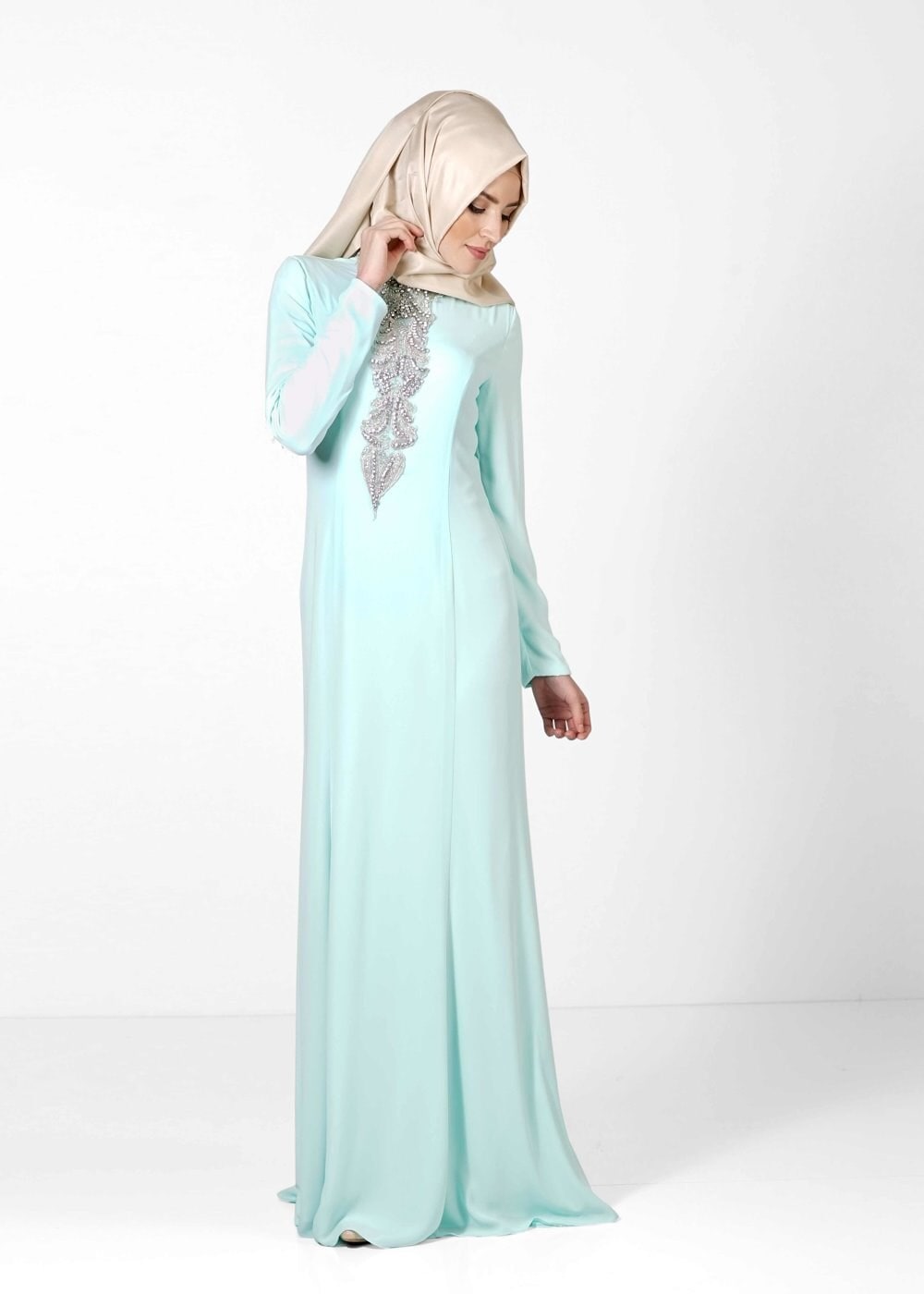 Tesettür giyim YEŞİL TAŞ İŞLEMELİ ABİYE ELBİSE 5093