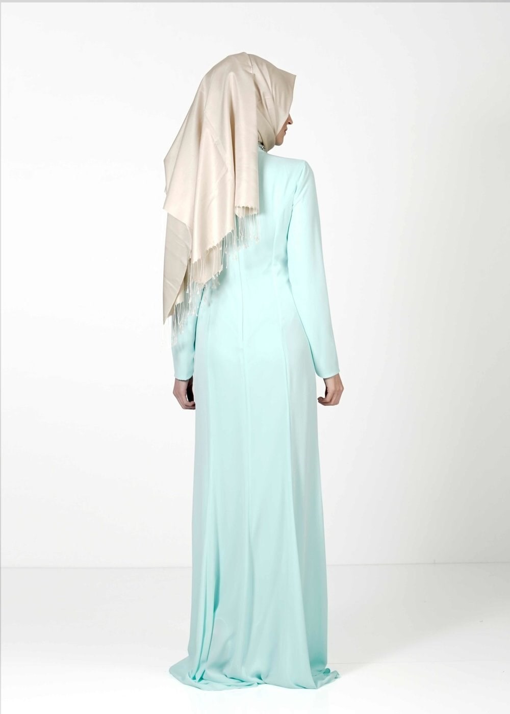 Tesettür giyim YEŞİL TAŞ İŞLEMELİ ABİYE ELBİSE 5093