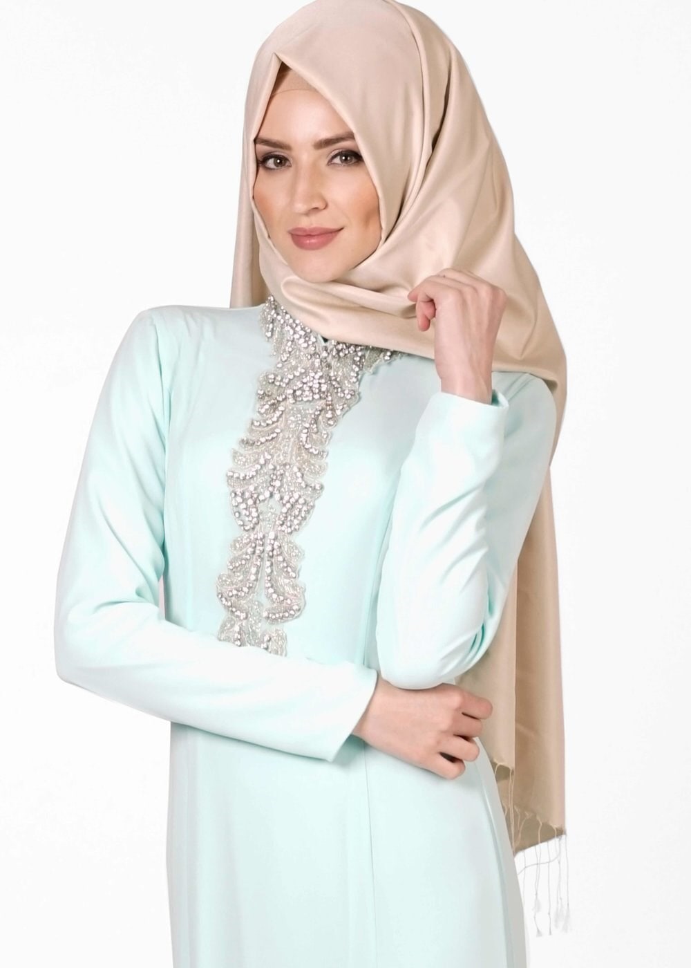 Tesettür giyim YEŞİL TAŞ İŞLEMELİ ABİYE ELBİSE 5093