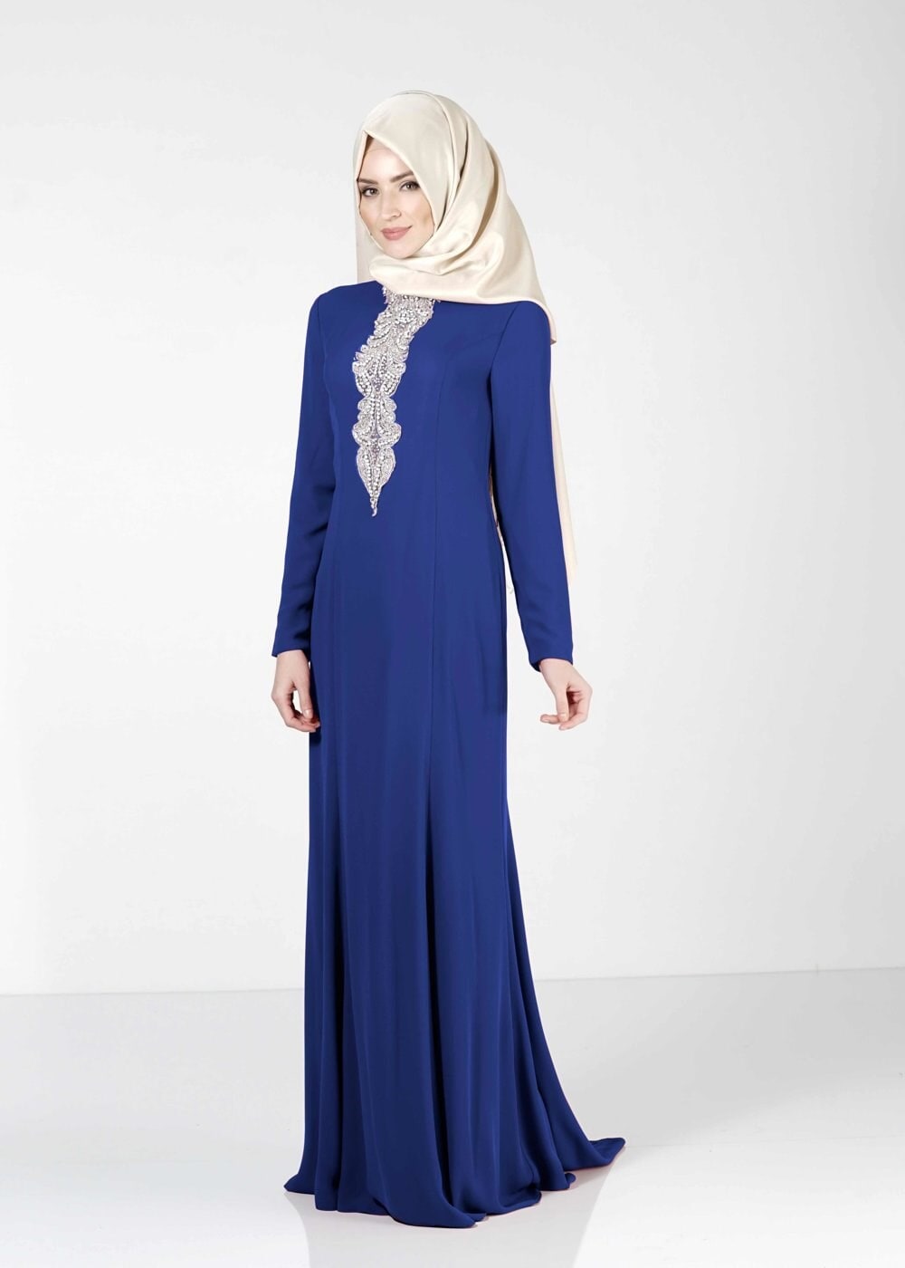 Tesettür giyim MAVİ TAŞ İŞLEMELİ ABİYE ELBİSE 5093