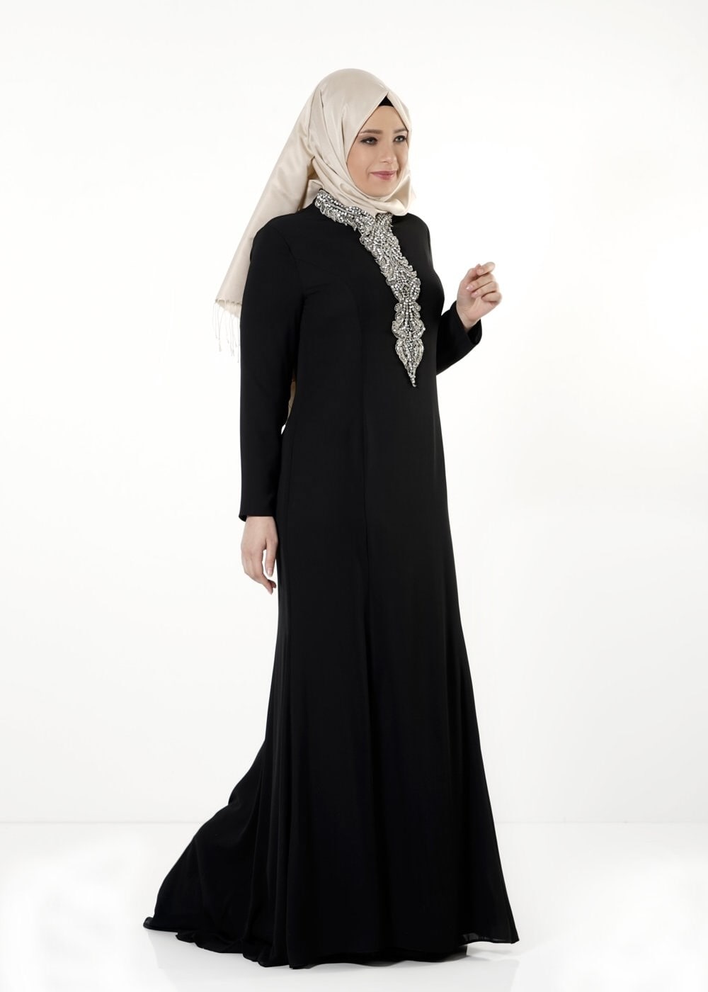 Tesettür giyim SİYAH TAŞ DETAYLI ABİYE ELBİSE 5094