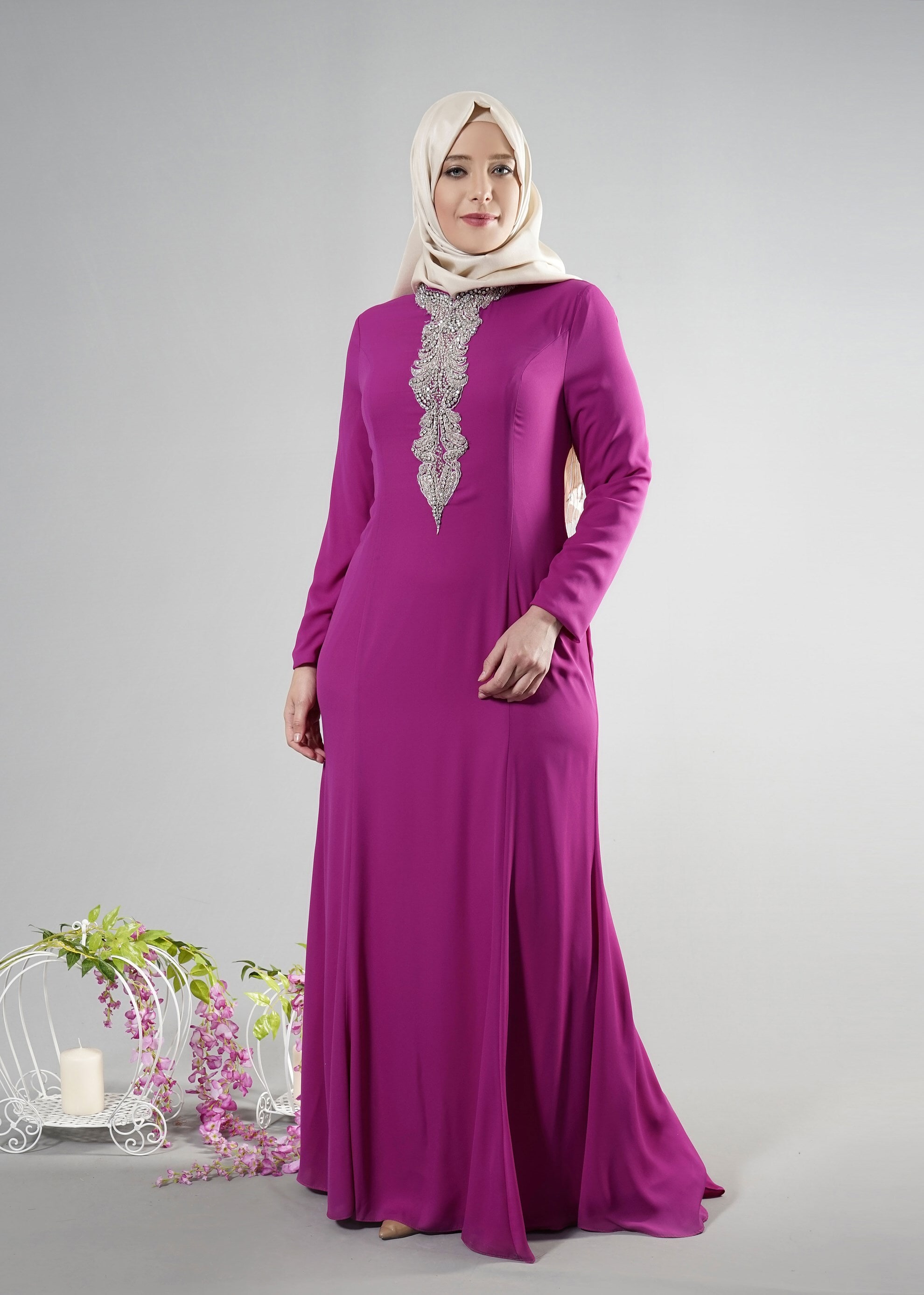 Tesettür giyim MOR TAŞ DETAYLI ABİYE ELBİSE 5094