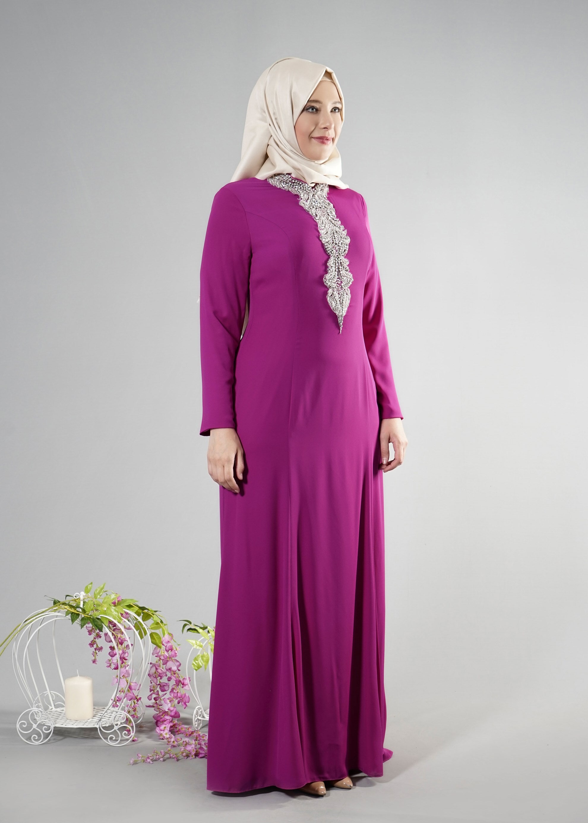 Tesettür giyim MOR TAŞ DETAYLI ABİYE ELBİSE 5094