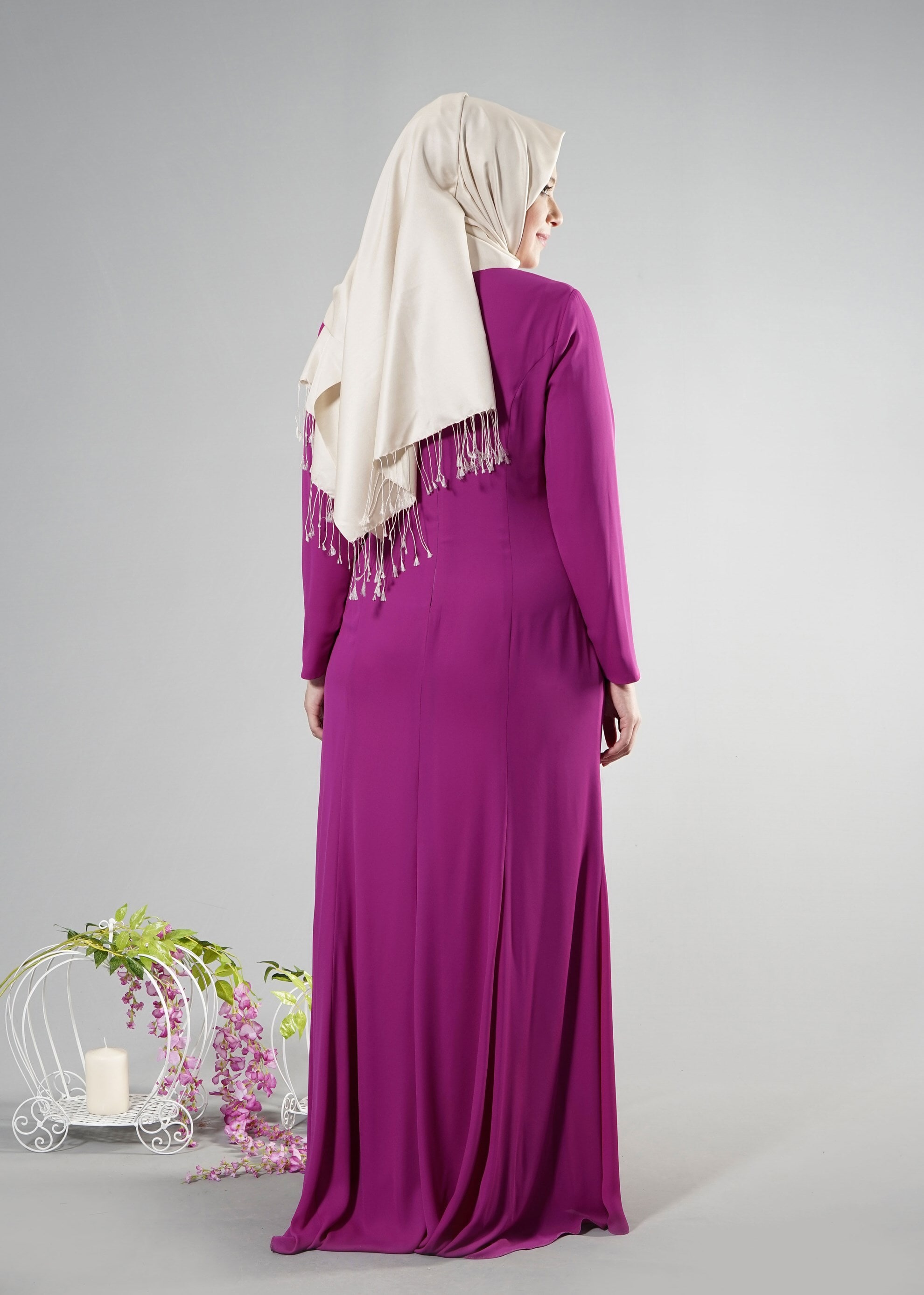 Tesettür giyim MOR TAŞ DETAYLI ABİYE ELBİSE 5094