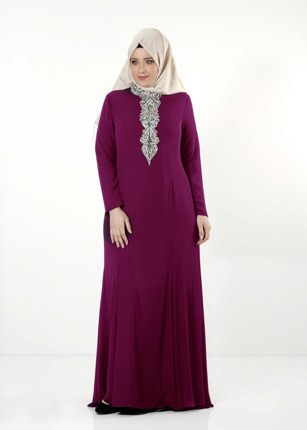 Tesettür giyim MÜRDÜM TAŞ DETAYLI ABİYE ELBİSE 5094