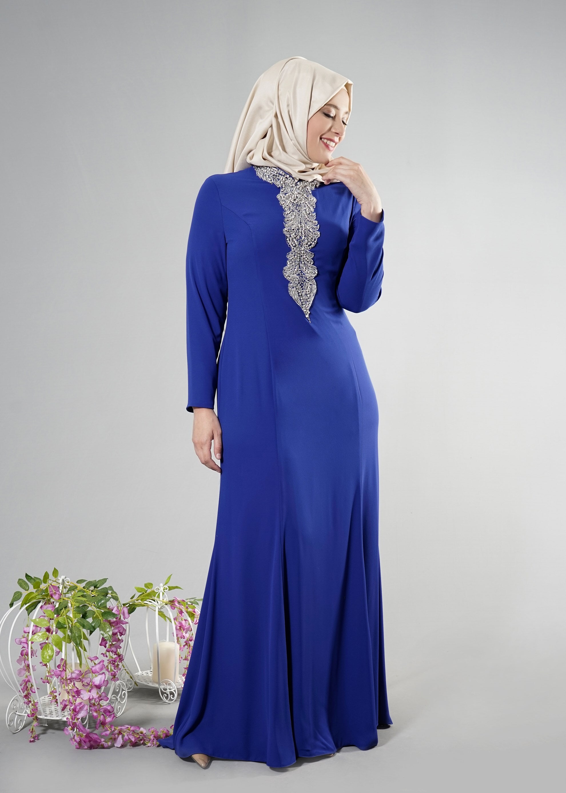 Tesettür giyim LACİVERT TAŞ DETAYLI ABİYE ELBİSE 5094