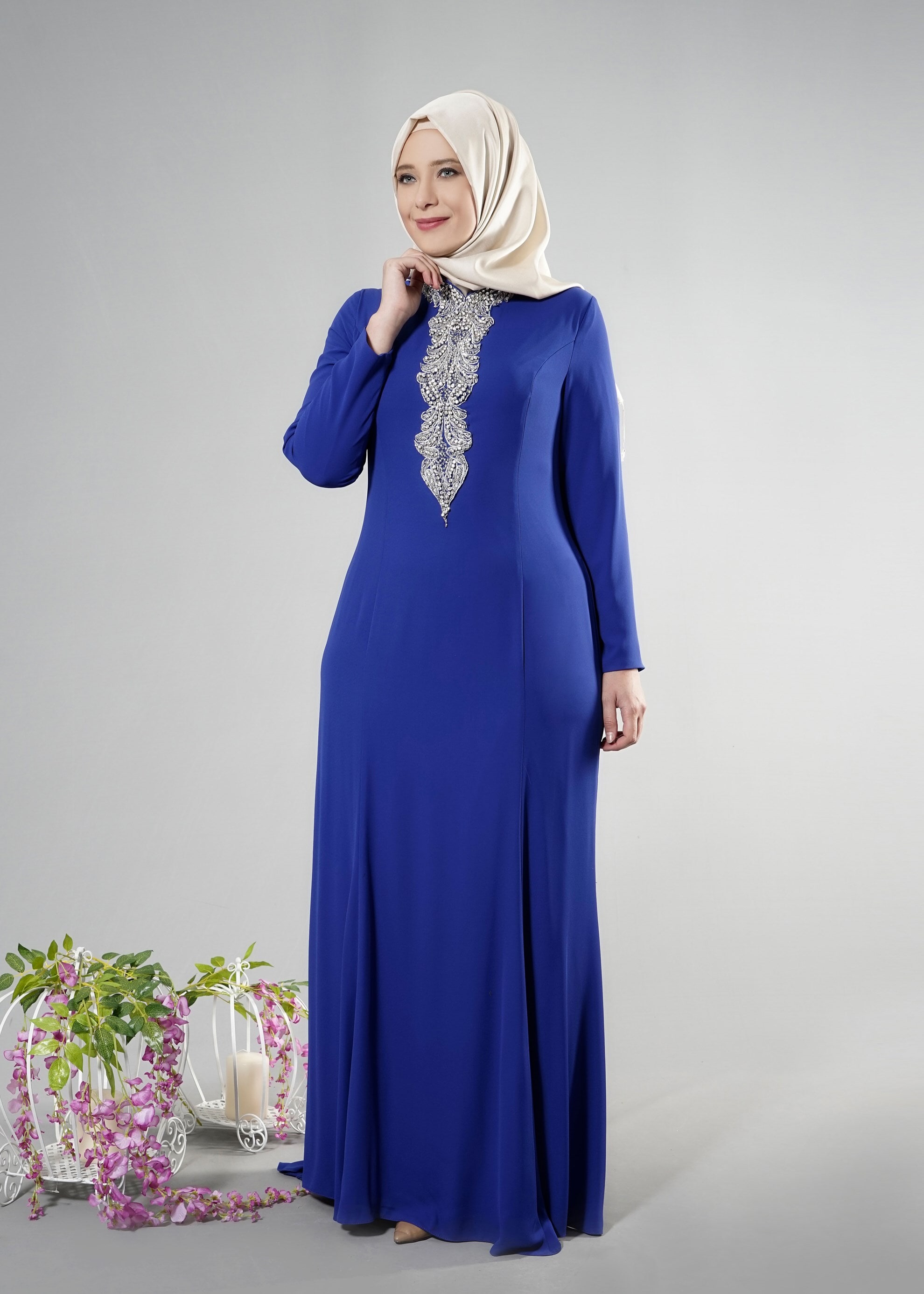 Tesettür giyim LACİVERT TAŞ DETAYLI ABİYE ELBİSE 5094