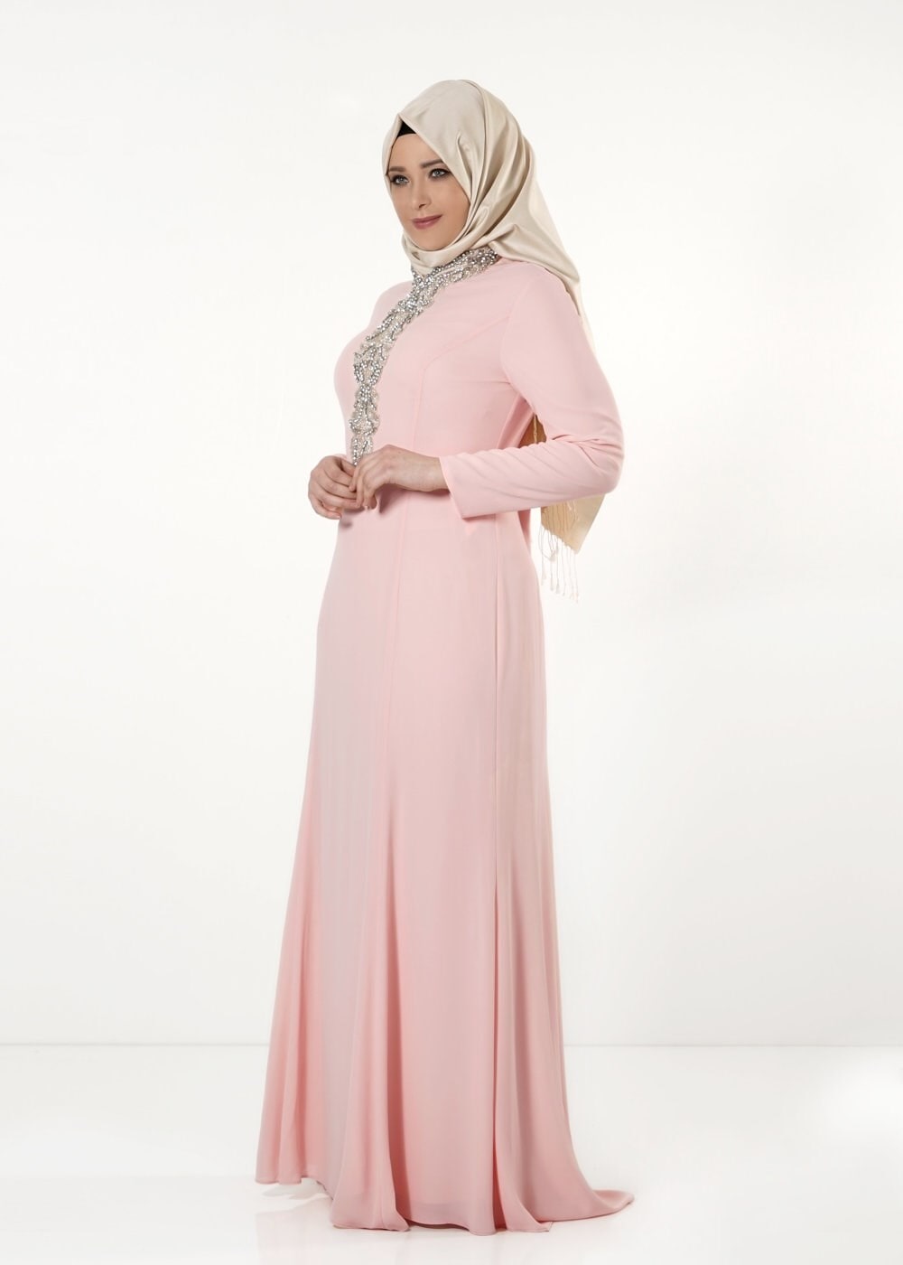 Tesettür giyim PUDRA TAŞ DETAYLI ABİYE ELBİSE 5094