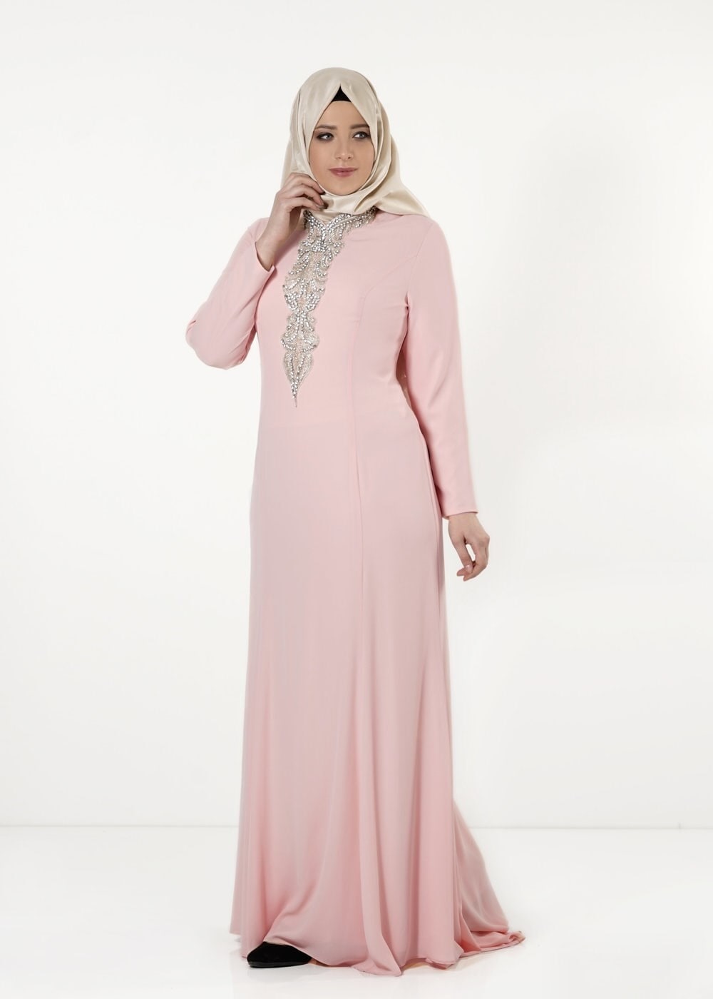Tesettür giyim PUDRA TAŞ DETAYLI ABİYE ELBİSE 5094