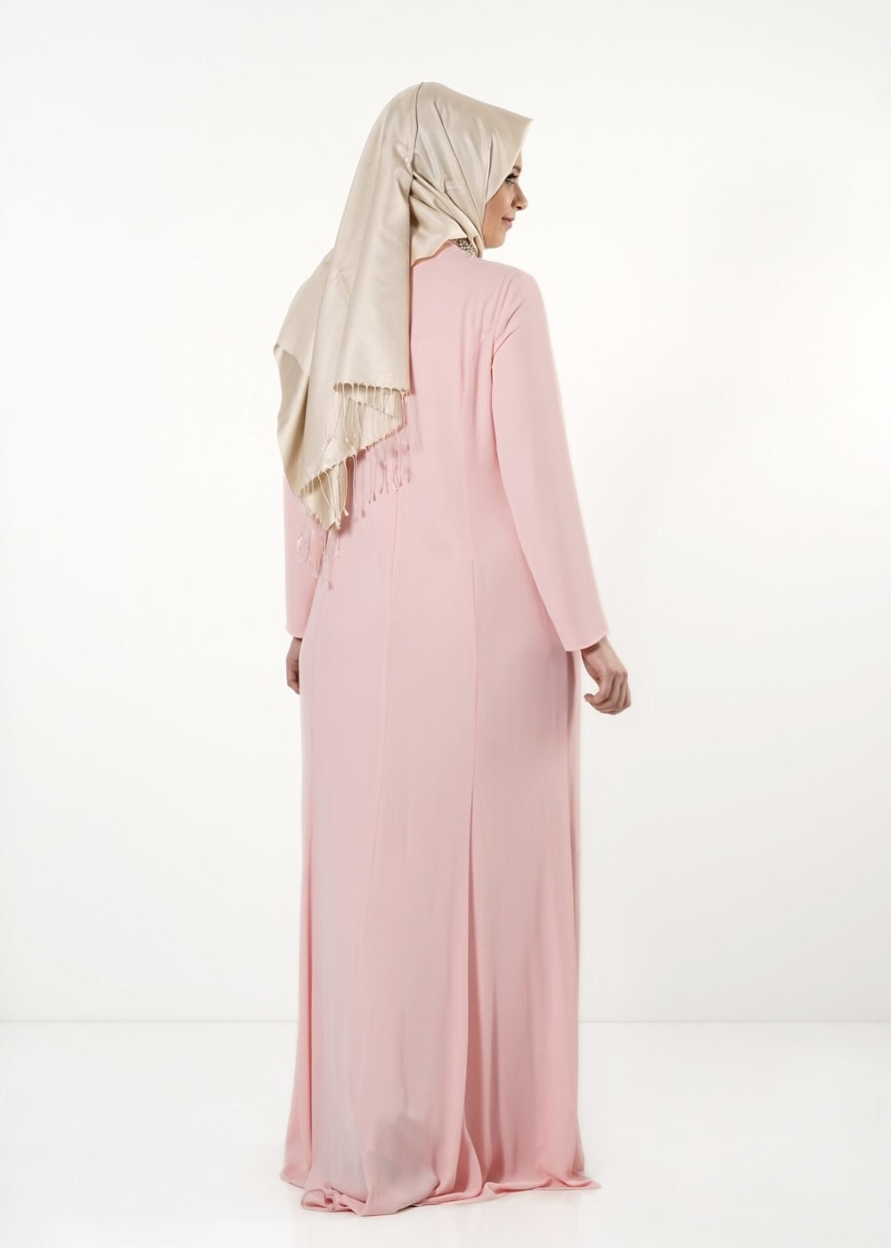 Tesettür giyim PUDRA TAŞ DETAYLI ABİYE ELBİSE 5094