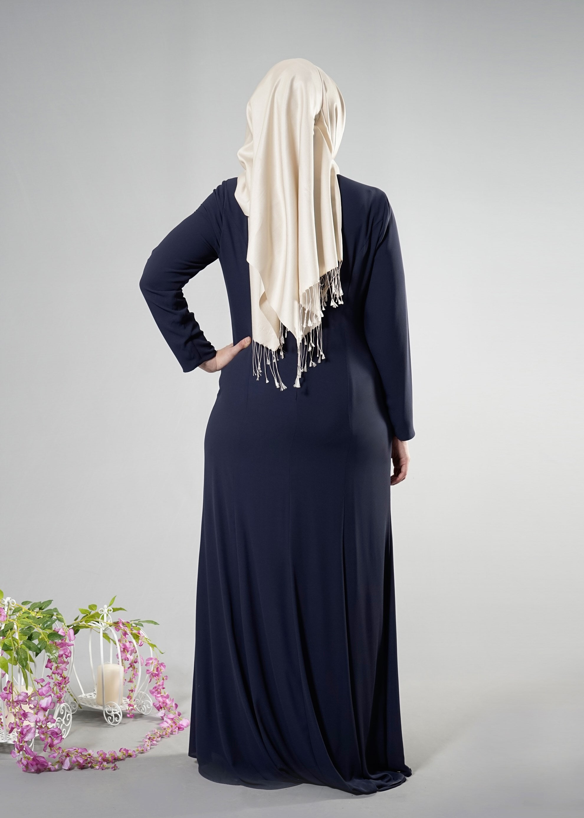 Tesettür giyim LACİVERT TAŞ DETAYLI ABİYE ELBİSE 5094