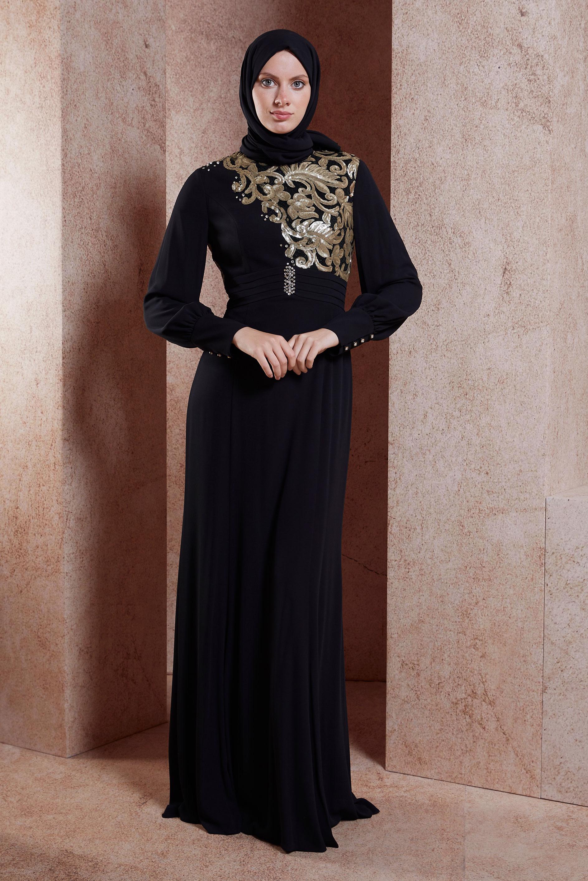 Tesettür giyim SİYAH PUL PAYETLİ TAŞ DETAYLI ABİYE ELBİSE 5096