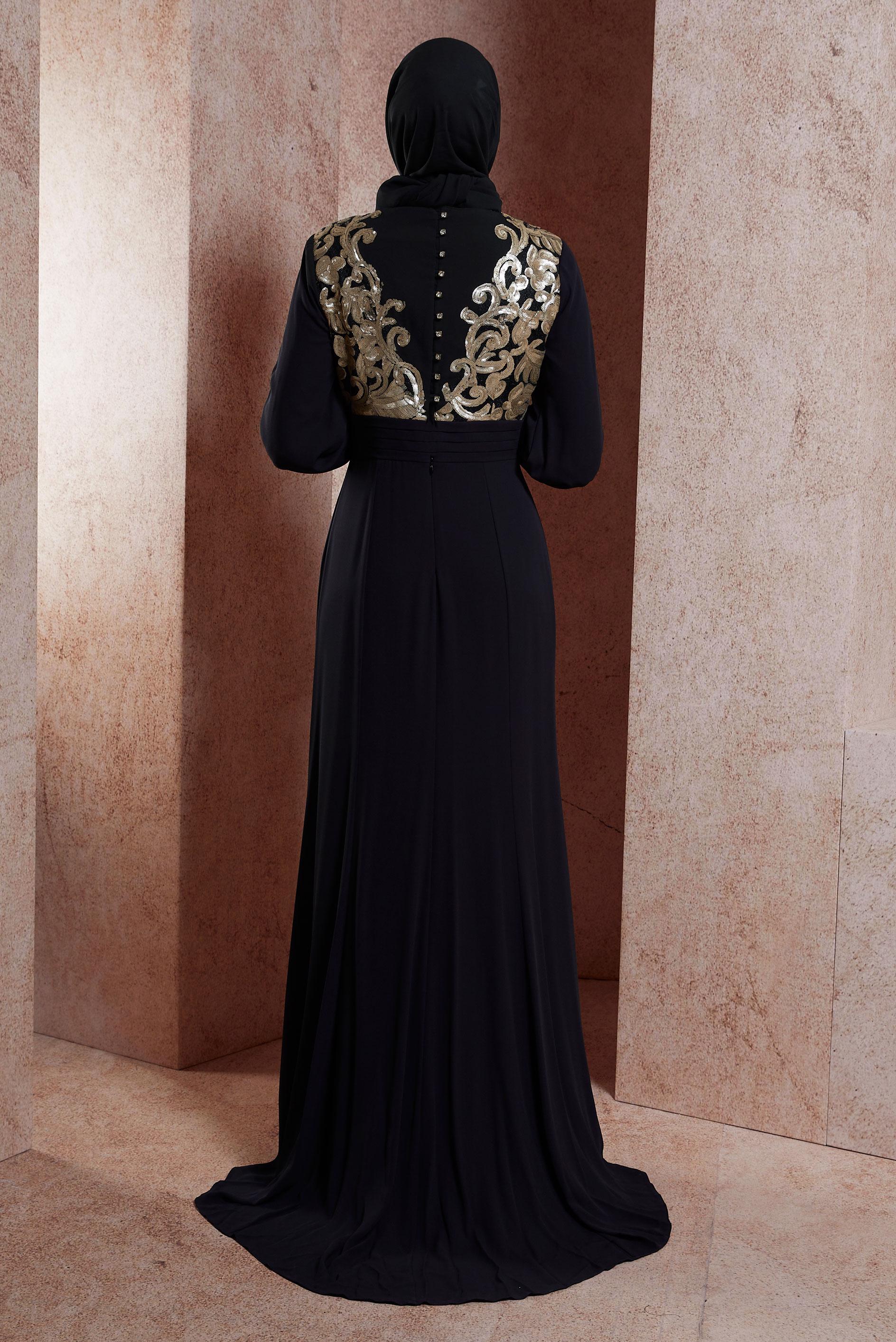 Tesettür giyim SİYAH PUL PAYETLİ TAŞ DETAYLI ABİYE ELBİSE 5096