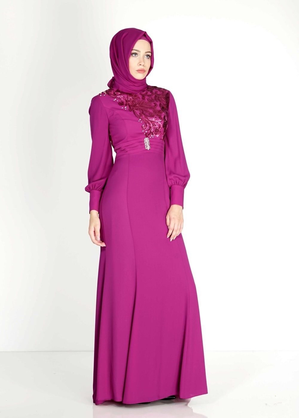 Tesettür giyim MOR PUL PAYETLİ TAŞ DETAYLI ABİYE ELBİSE 5096