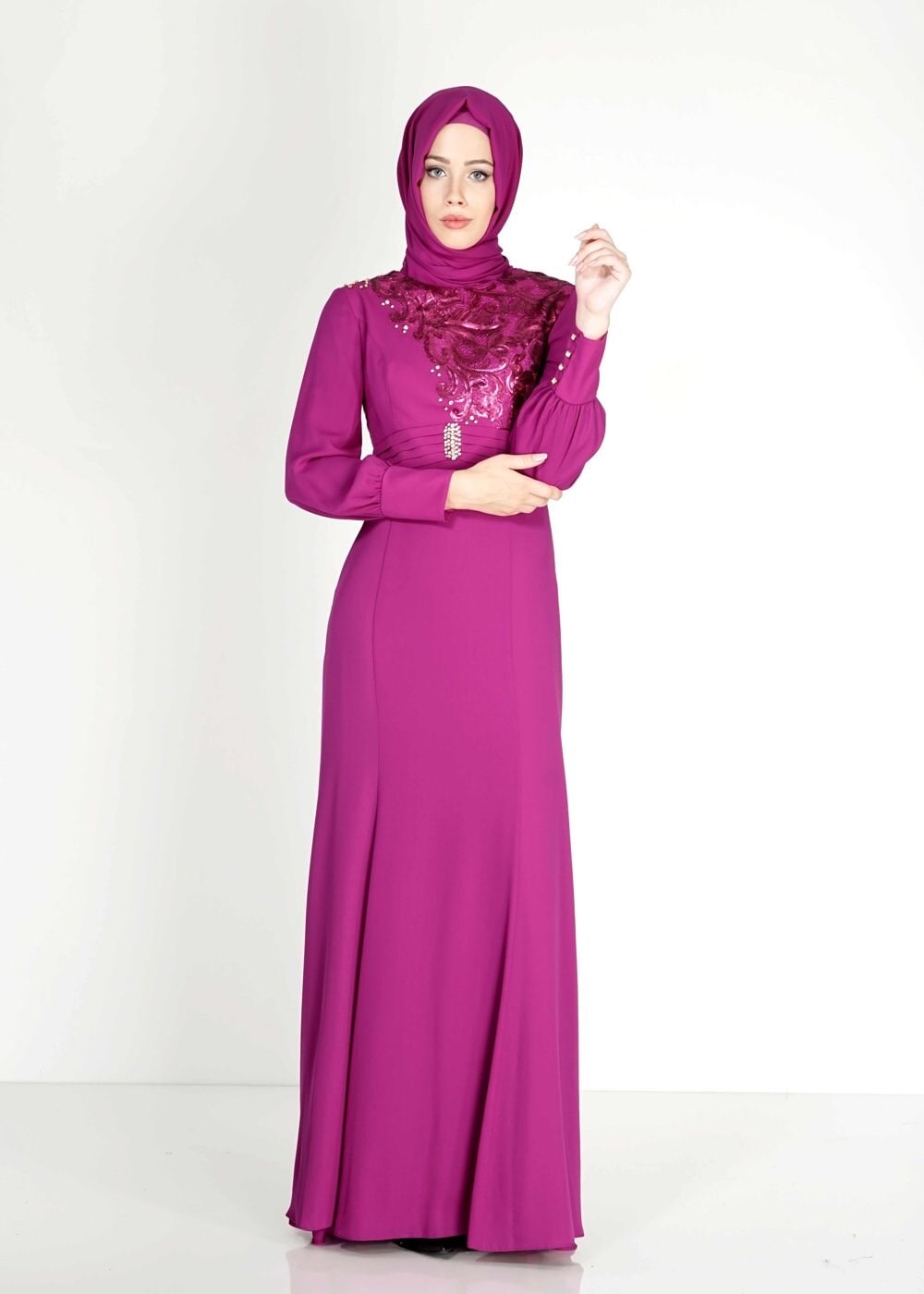 Tesettür giyim MOR PUL PAYETLİ TAŞ DETAYLI ABİYE ELBİSE 5096