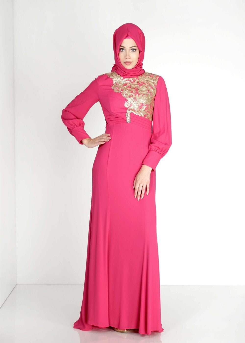 Tesettür giyim FUŞYA PUL PAYETLİ TAŞ DETAYLI ABİYE ELBİSE 5096