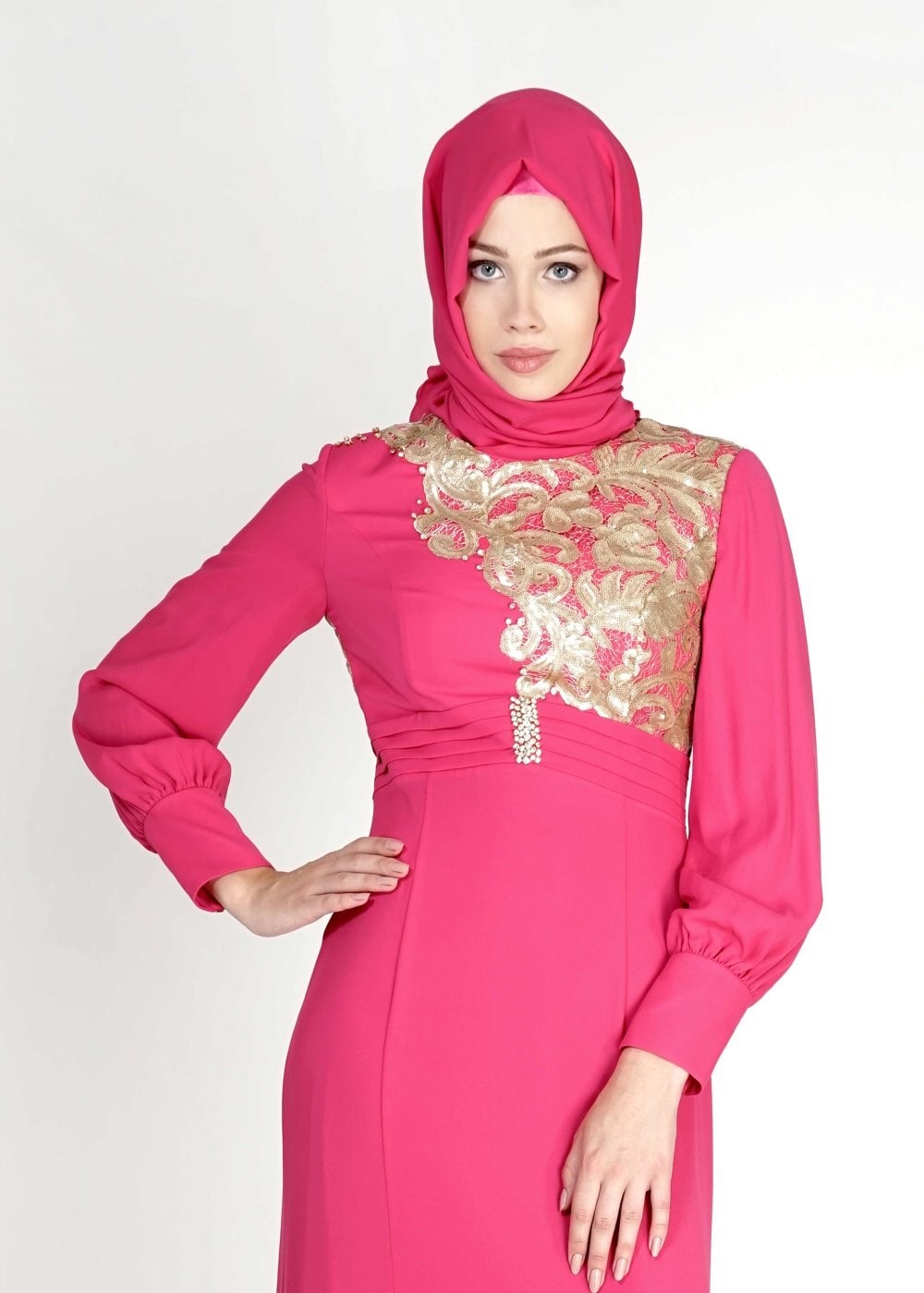 Tesettür giyim FUŞYA PUL PAYETLİ TAŞ DETAYLI ABİYE ELBİSE 5096