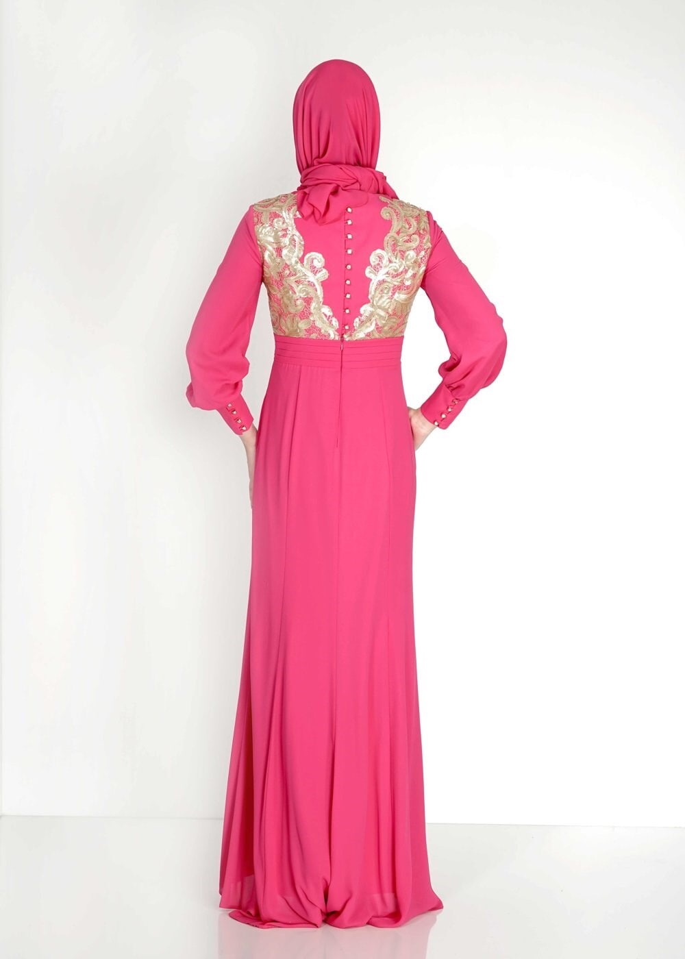Tesettür giyim FUŞYA PUL PAYETLİ TAŞ DETAYLI ABİYE ELBİSE 5096
