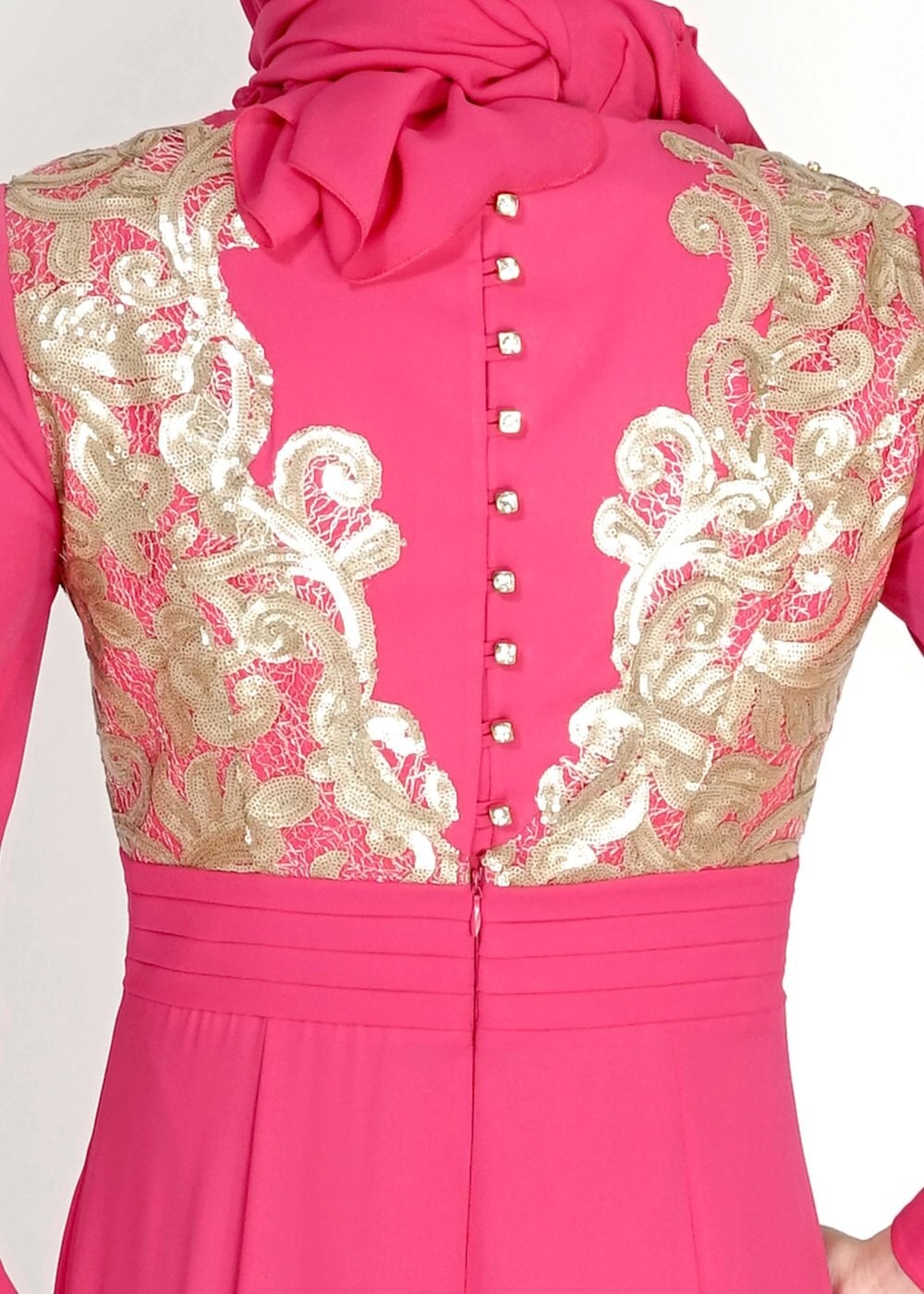 Tesettür giyim FUŞYA PUL PAYETLİ TAŞ DETAYLI ABİYE ELBİSE 5096