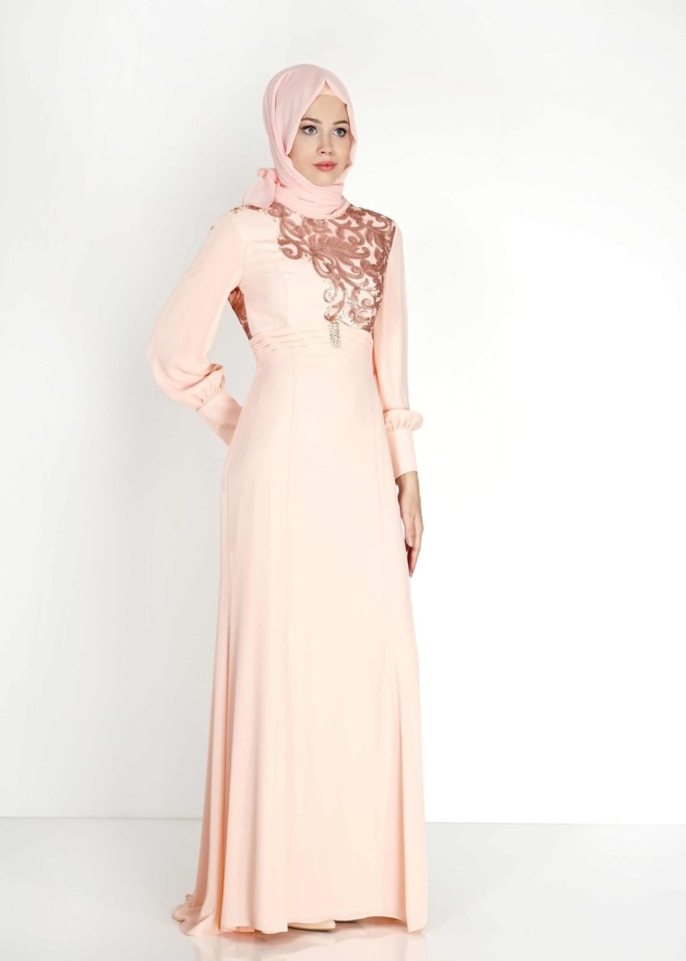 Tesettür giyim PUDRA PUL PAYETLİ TAŞ DETAYLI ABİYE ELBİSE 5096