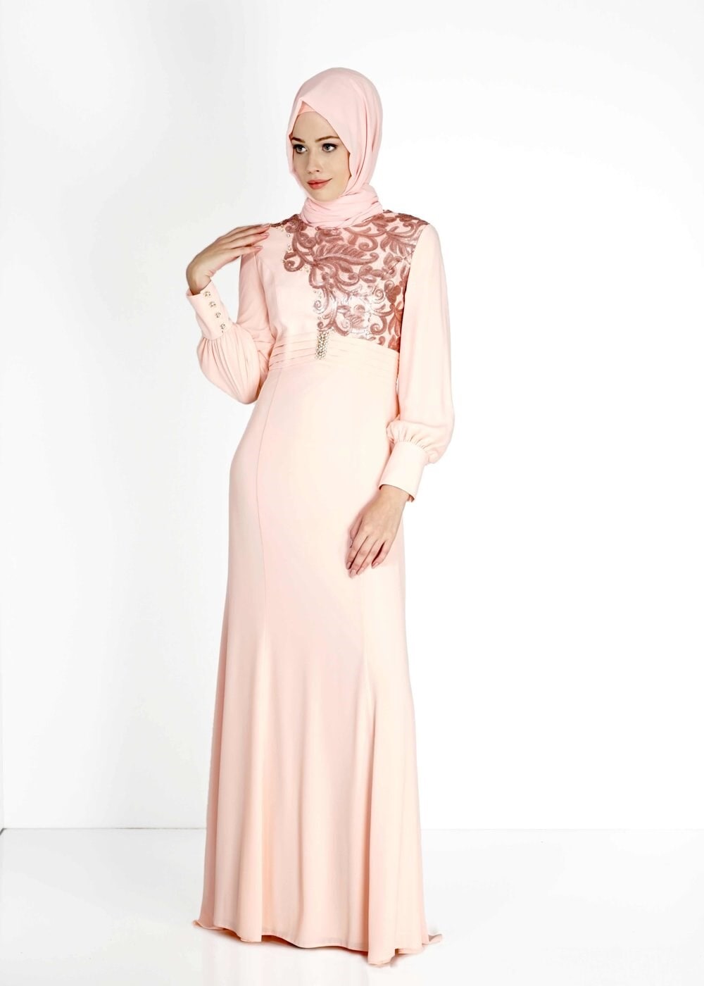 Tesettür giyim PUDRA PUL PAYETLİ TAŞ DETAYLI ABİYE ELBİSE 5096
