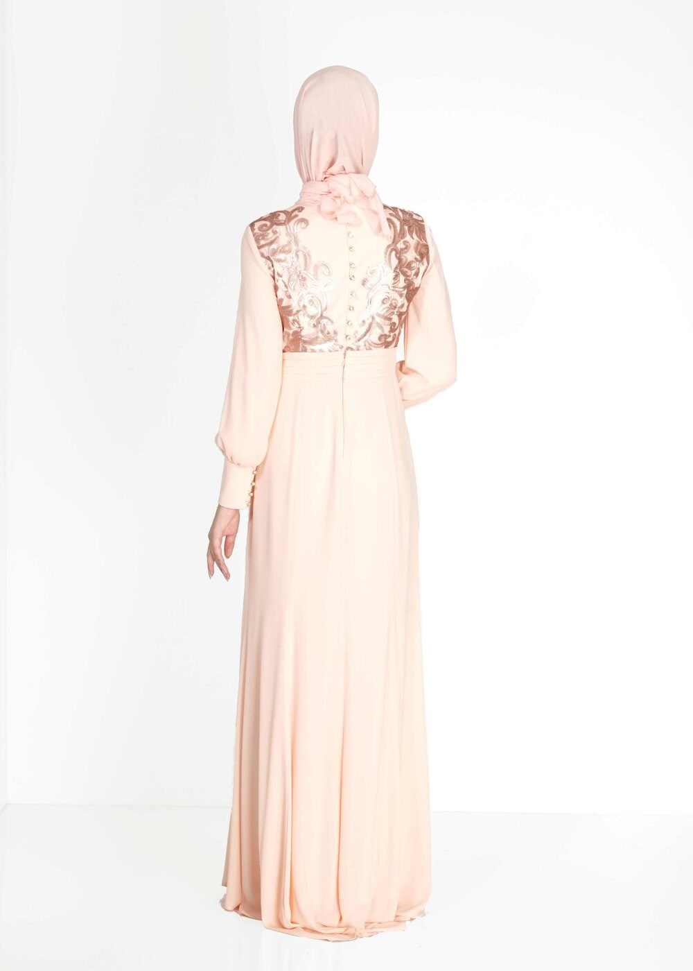 Tesettür giyim PUDRA PUL PAYETLİ TAŞ DETAYLI ABİYE ELBİSE 5096