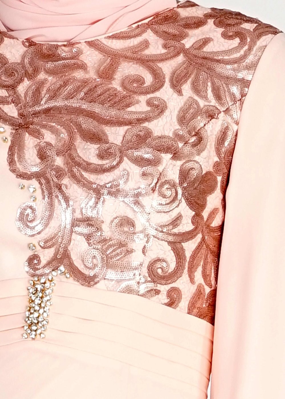 Tesettür giyim PUDRA PUL PAYETLİ TAŞ DETAYLI ABİYE ELBİSE 5096