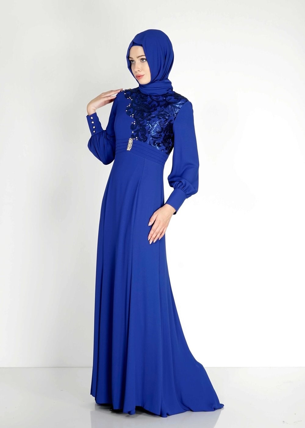 Tesettür giyim MAVİ PUL PAYETLİ TAŞ DETAYLI ABİYE ELBİSE 5096