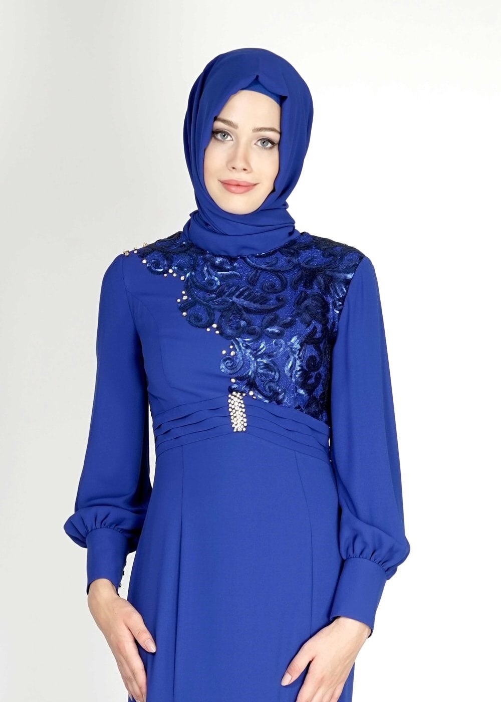 Tesettür giyim MAVİ PUL PAYETLİ TAŞ DETAYLI ABİYE ELBİSE 5096