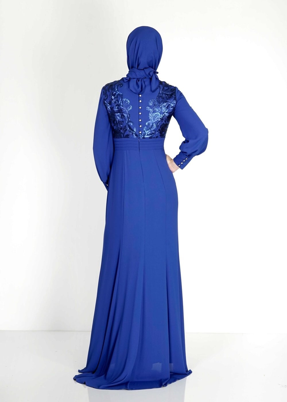Tesettür giyim MAVİ PUL PAYETLİ TAŞ DETAYLI ABİYE ELBİSE 5096