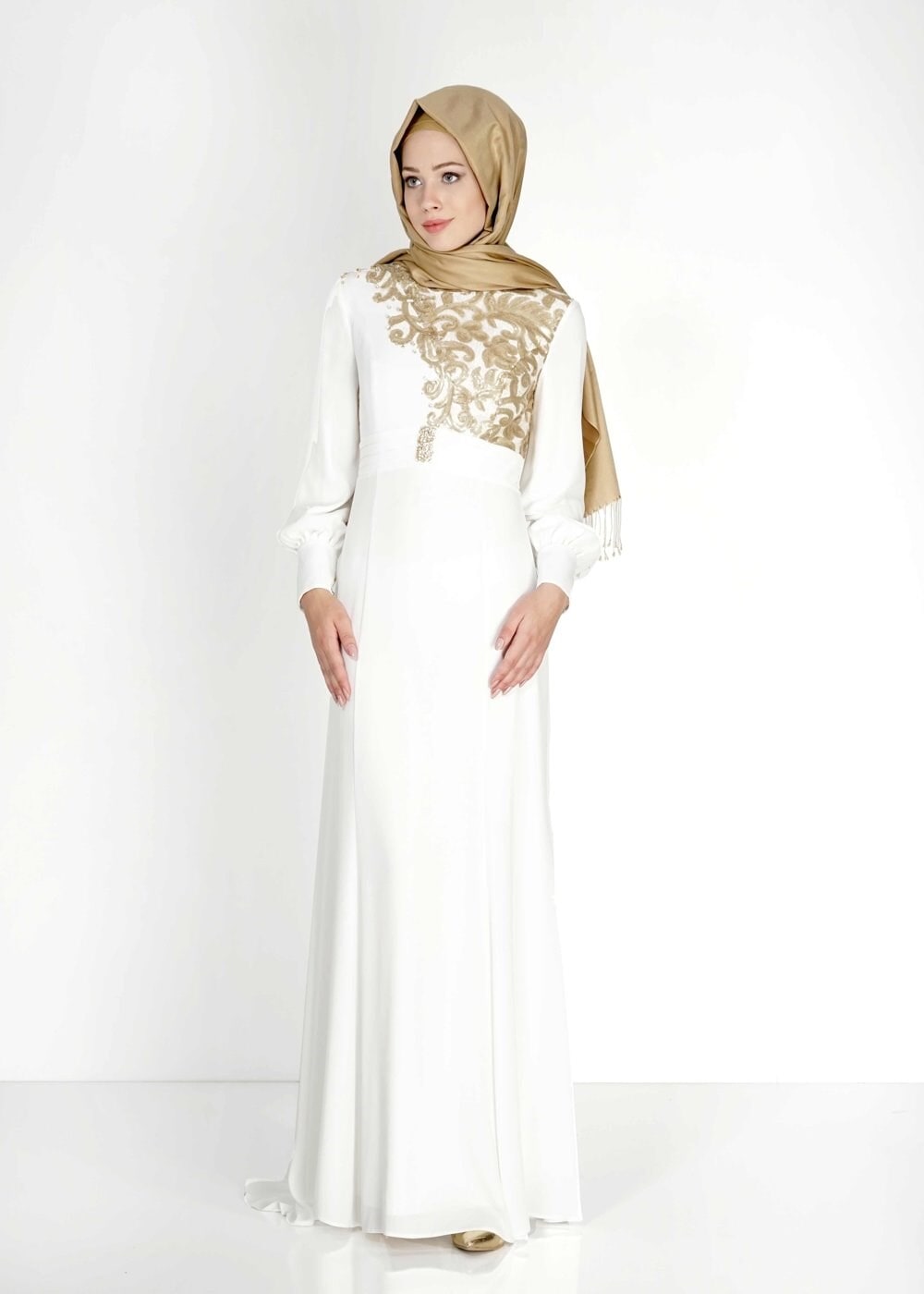 Tesettür giyim BEYAZ PUL PAYETLİ TAŞ DETAYLI ABİYE ELBİSE 5096