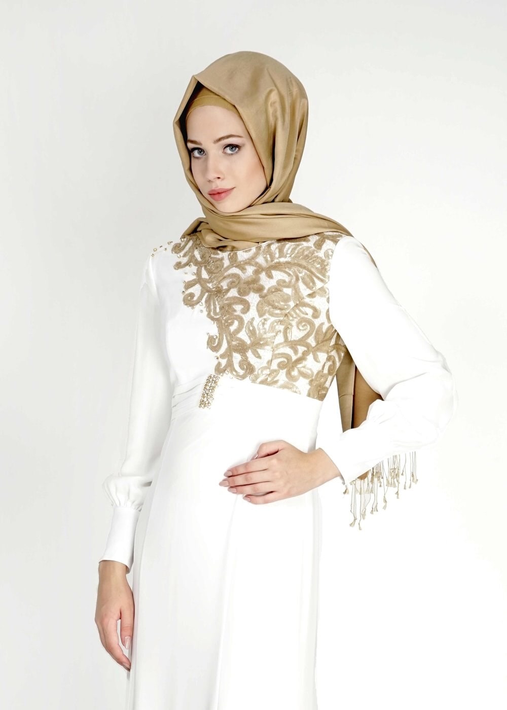 Tesettür giyim BEYAZ PUL PAYETLİ TAŞ DETAYLI ABİYE ELBİSE 5096