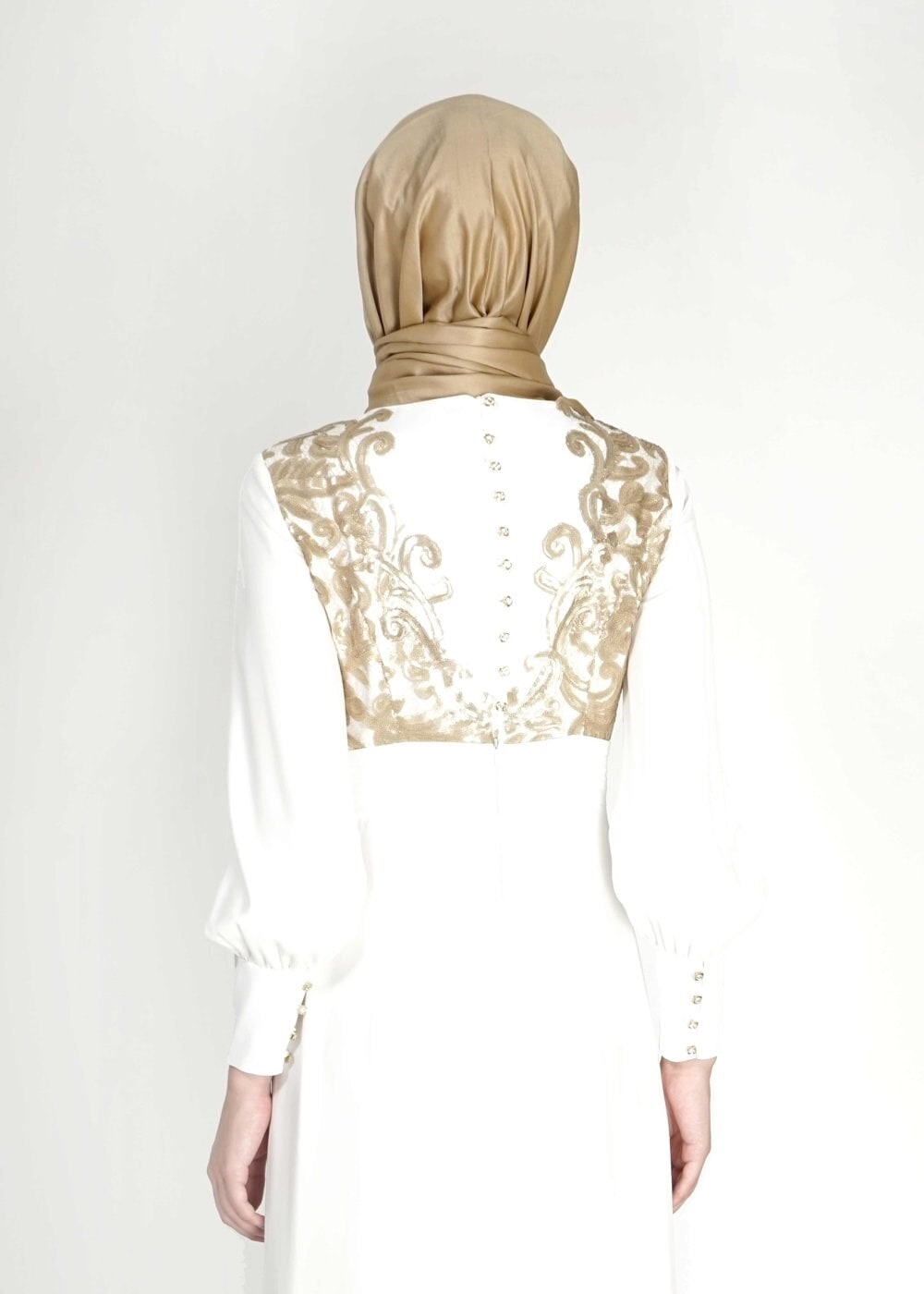 Tesettür giyim BEYAZ PUL PAYETLİ TAŞ DETAYLI ABİYE ELBİSE 5096