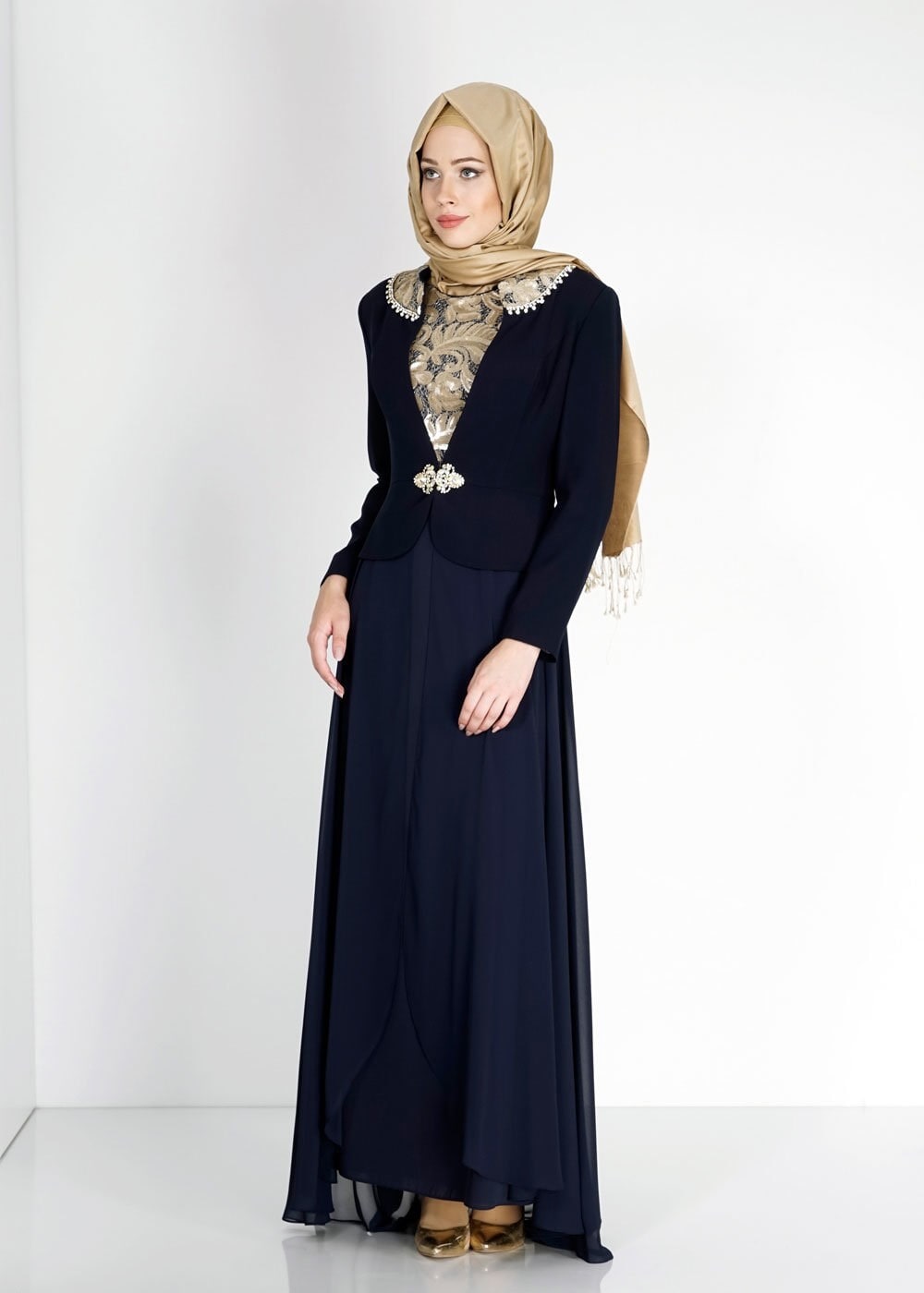 Tesettür giyim LACİVERT İŞLEMELİ TAŞ DETAYLI ABİYE ELBİSE 5097