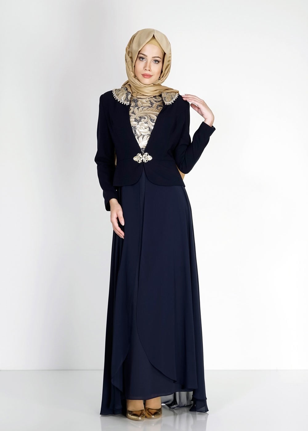 Tesettür giyim LACİVERT İŞLEMELİ TAŞ DETAYLI ABİYE ELBİSE 5097