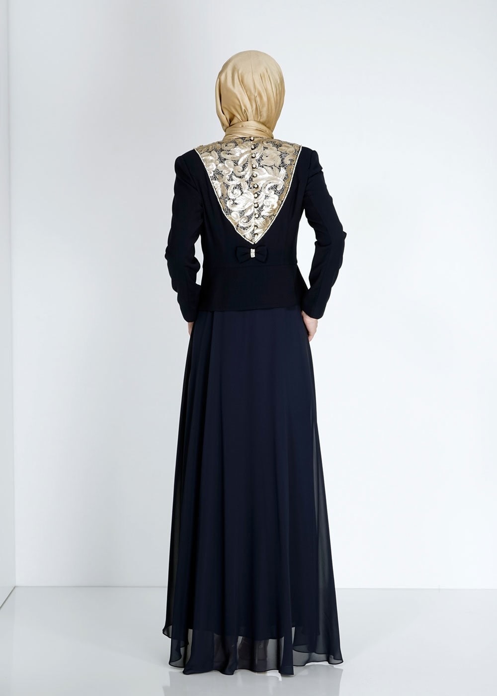 Tesettür giyim LACİVERT İŞLEMELİ TAŞ DETAYLI ABİYE ELBİSE 5097