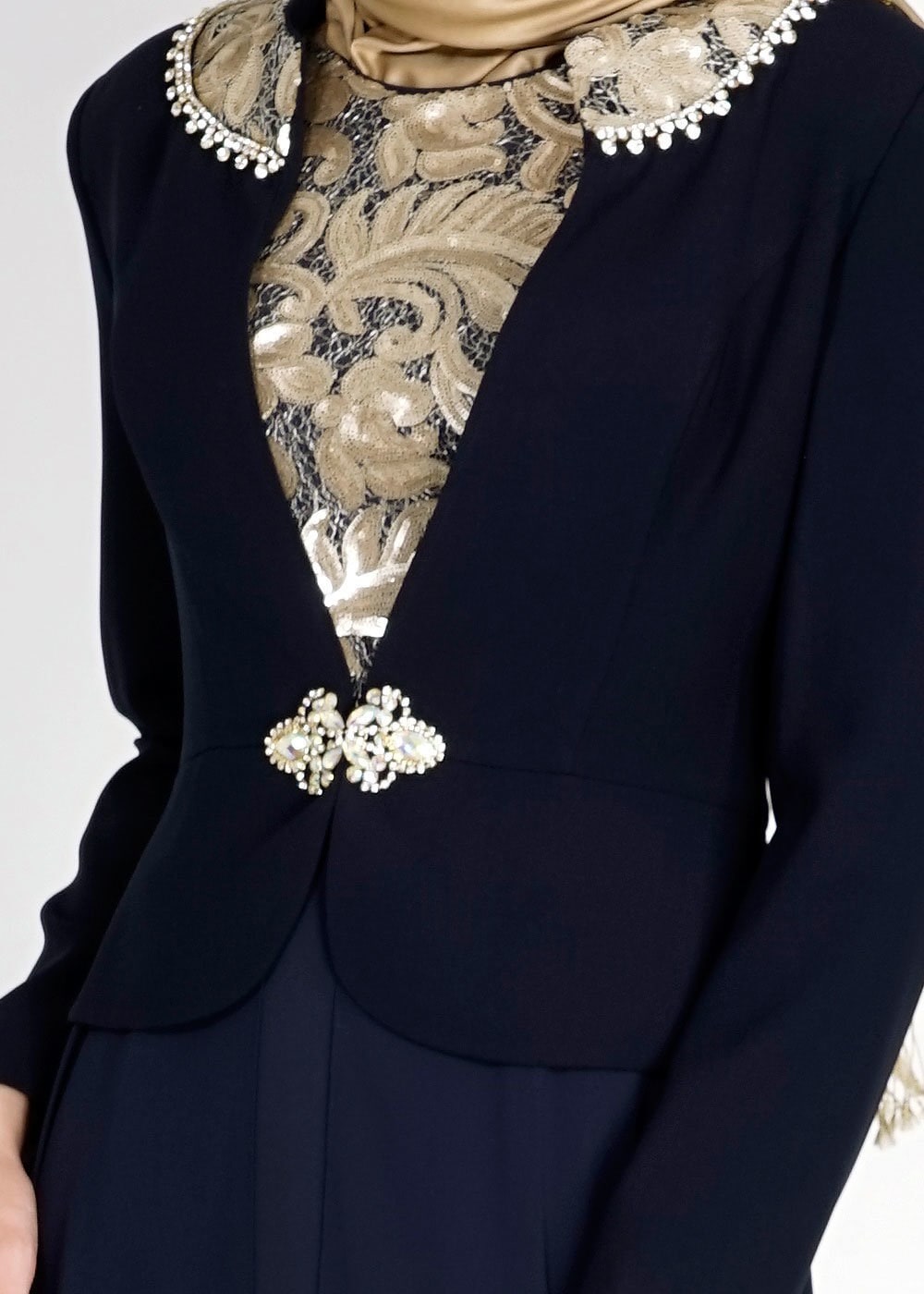 Tesettür giyim LACİVERT İŞLEMELİ TAŞ DETAYLI ABİYE ELBİSE 5097